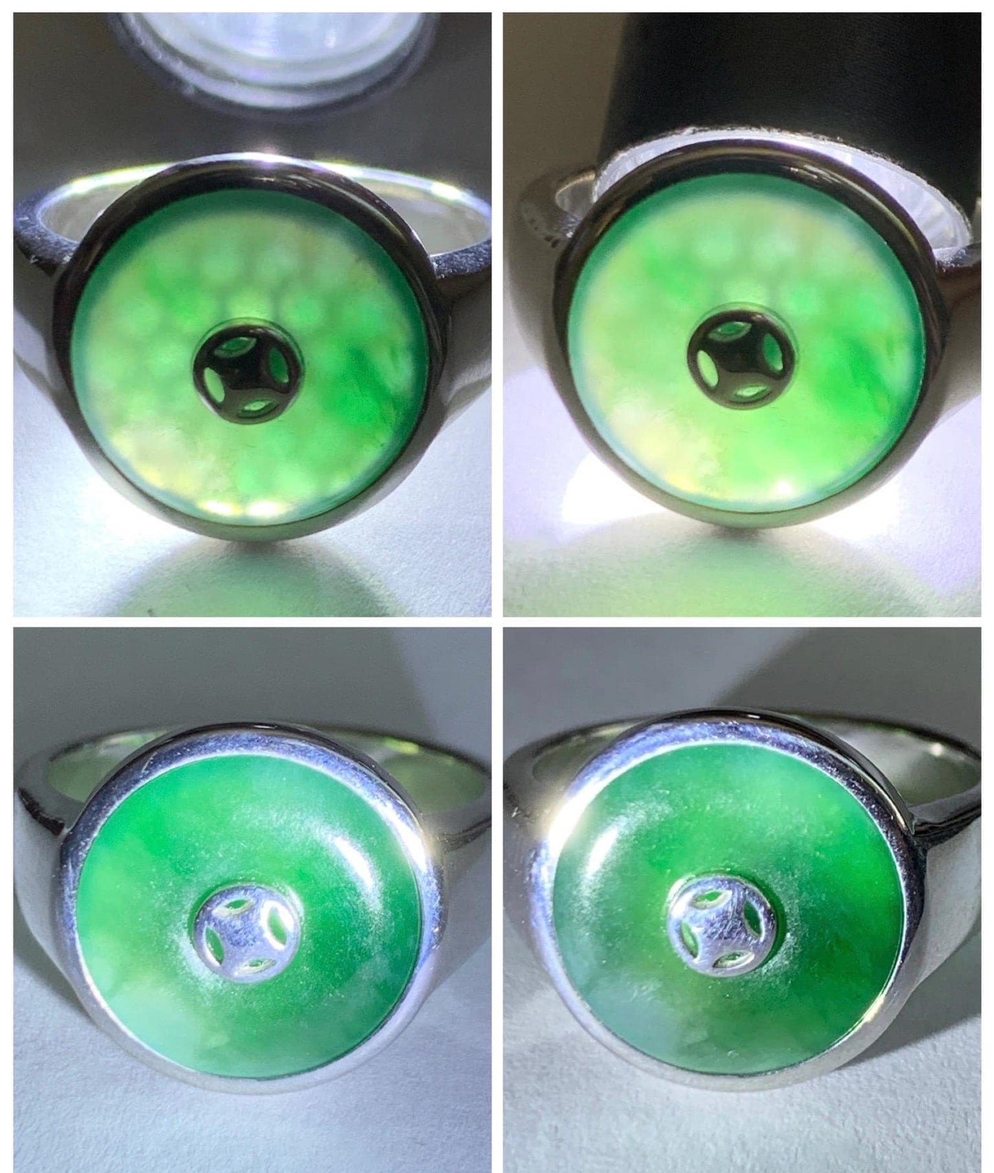 Certified Natural Grade A Icy Translucent Green Marbled Jade Jadeite Donut Ping An Kou Ring Sterling Silver Size 7.25 US 天然冰飘绿翡翠平安扣银镶戒指 239