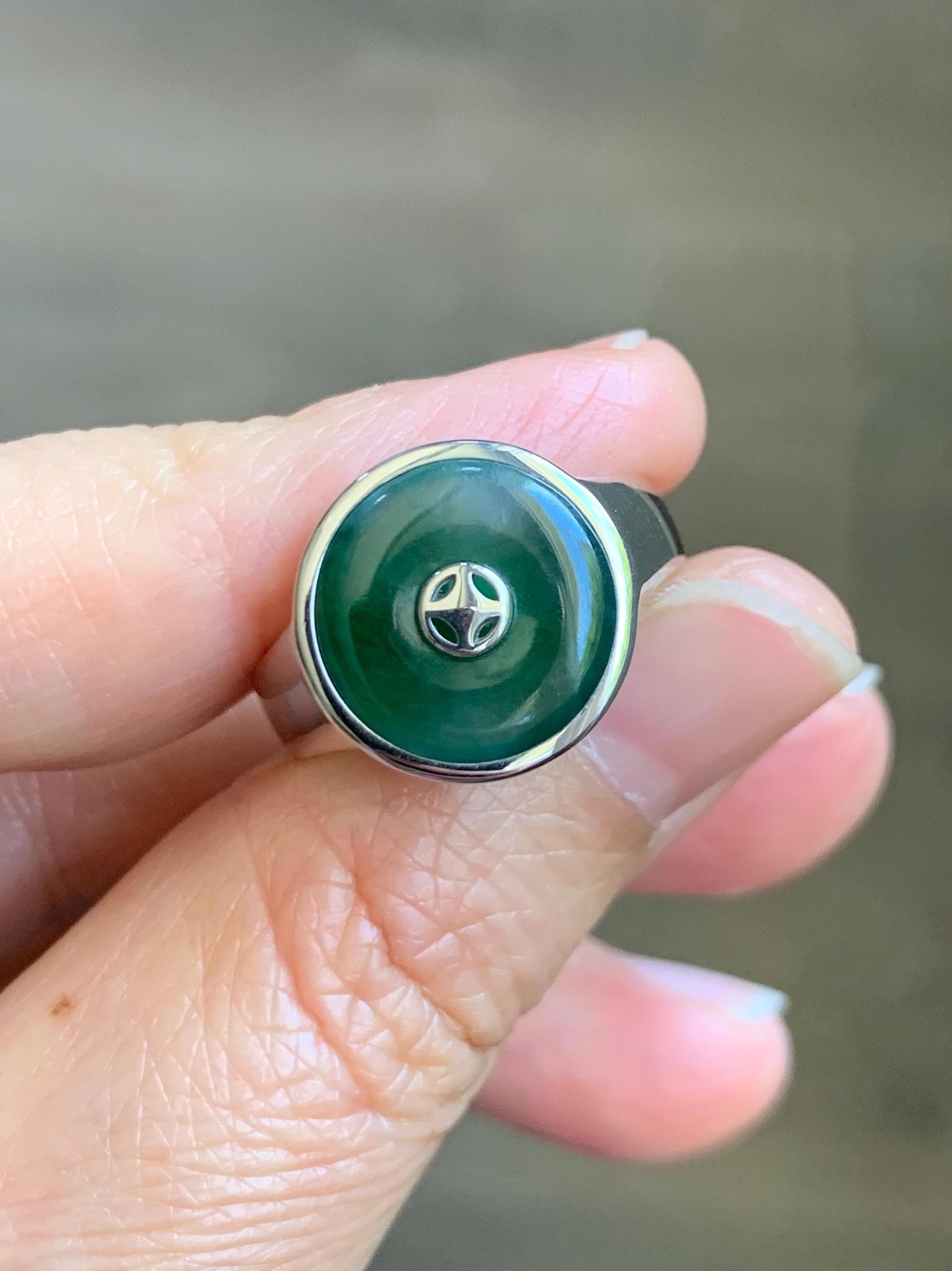 Certified Natural Grade A Icy Translucent Green Marbled Jade Jadeite Donut Ping An Kou Ring Sterling Silver Size 7.25 US 天然冰飘绿翡翠平安扣银镶戒指 239