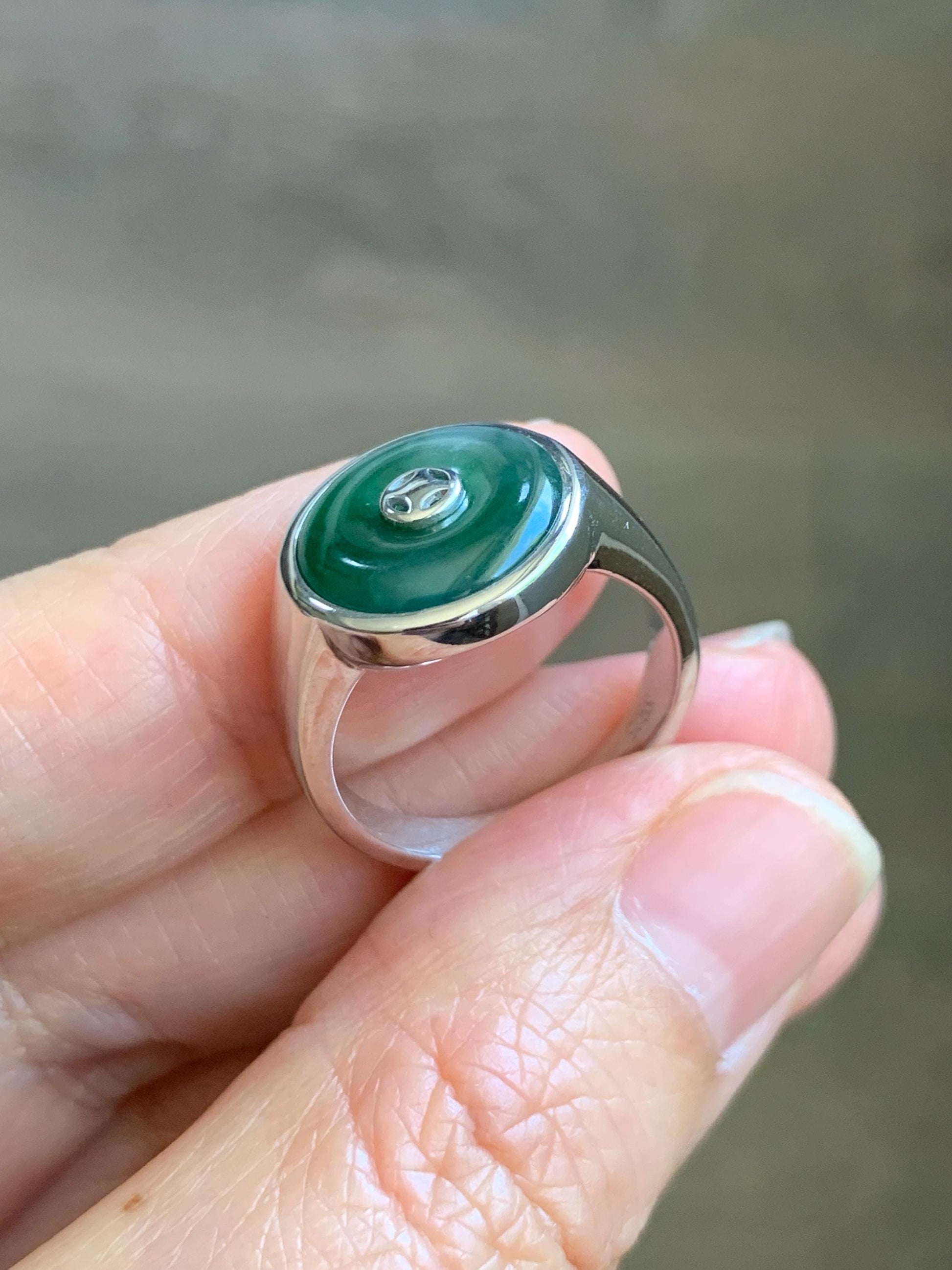 Certified Natural Grade A Icy Translucent Green Marbled Jade Jadeite Donut Ping An Kou Ring Sterling Silver Size 7.25 US 天然冰飘绿翡翠平安扣银镶戒指 239