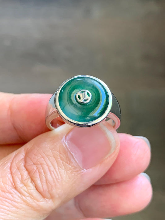 Certified Natural Grade A Icy Translucent Green Marbled Jade Jadeite Donut Ping An Kou Ring Sterling Silver Size 7.25 US 天然冰飘绿翡翠平安扣银镶戒指 239