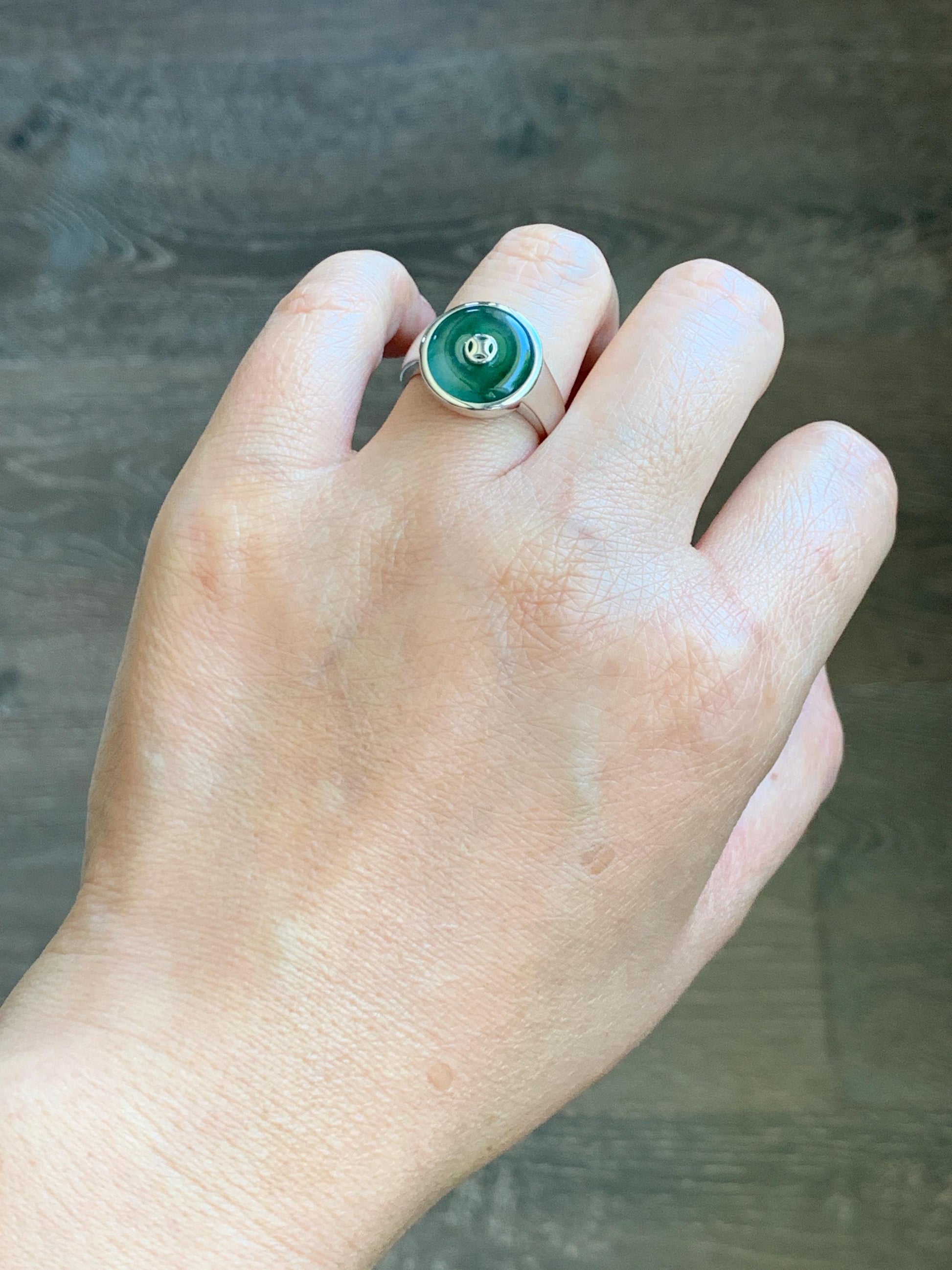 Certified Natural Grade A Icy Translucent Green Marbled Jade Jadeite Donut Ping An Kou Ring Sterling Silver Size 7.25 US 天然冰飘绿翡翠平安扣银镶戒指 239