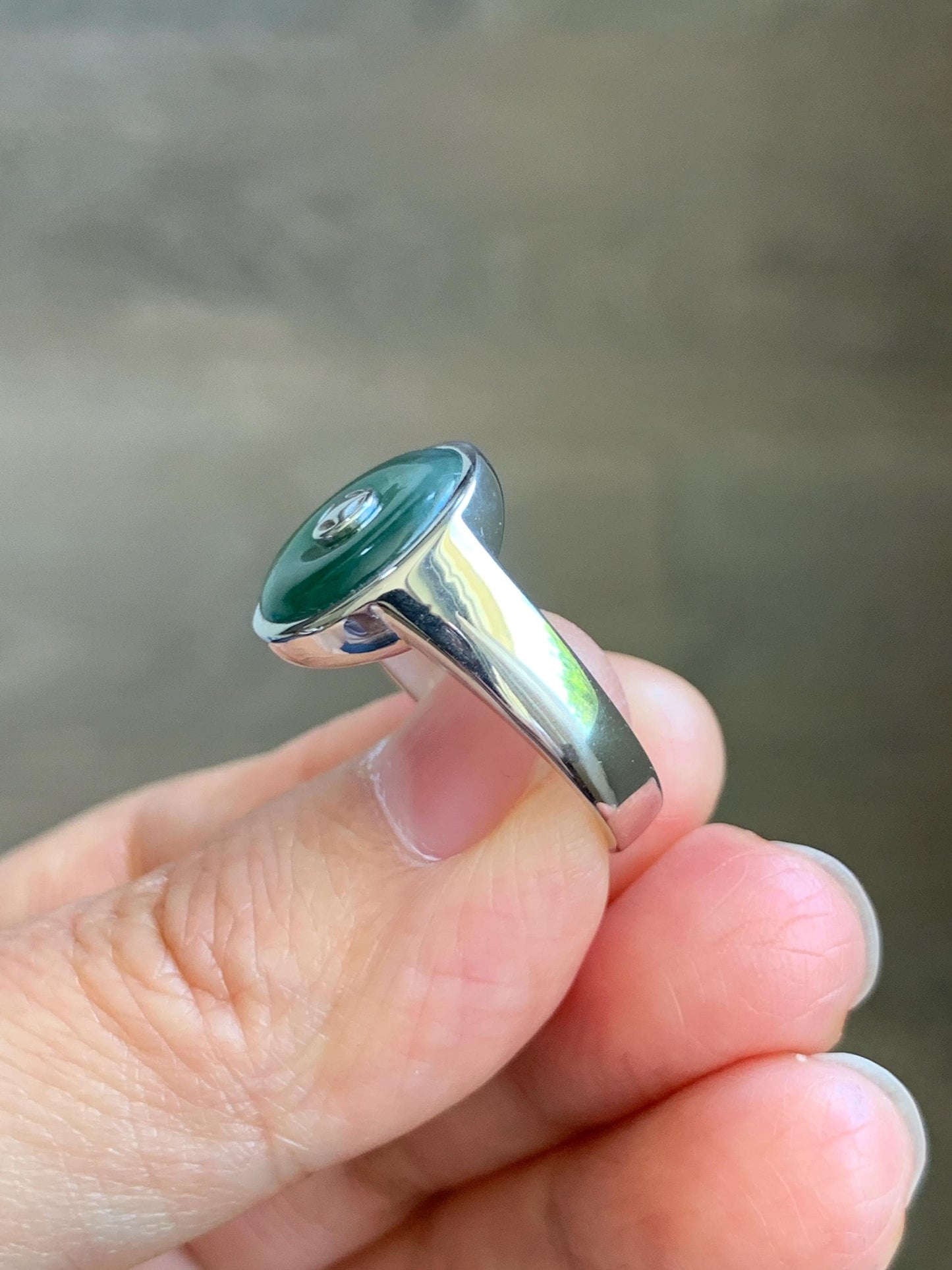 Certified Natural Grade A Icy Translucent Green Marbled Jade Jadeite Donut Ping An Kou Ring Sterling Silver Size 7.25 US 天然冰飘绿翡翠平安扣银镶戒指 239