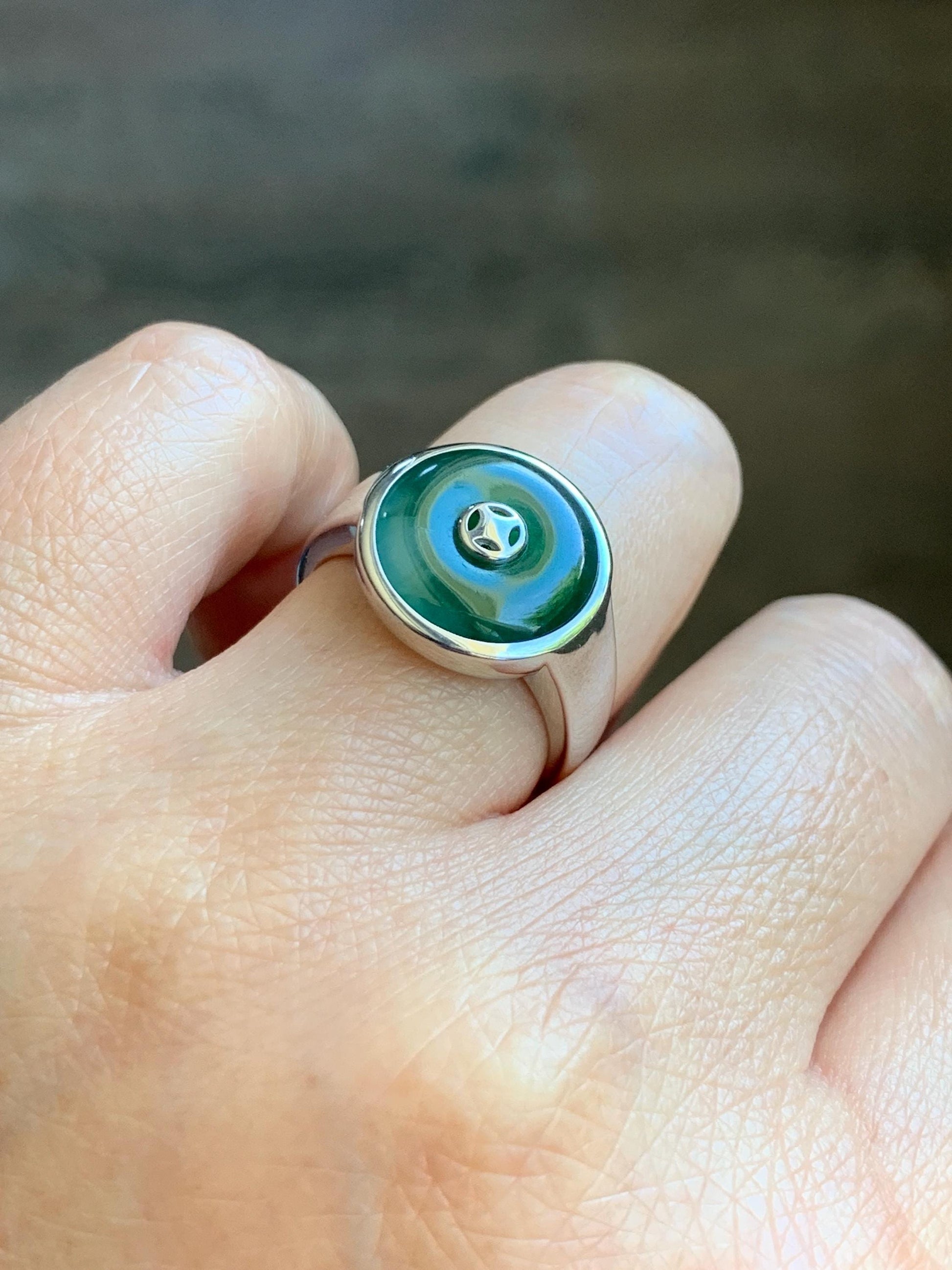 Certified Natural Grade A Icy Translucent Green Marbled Jade Jadeite Donut Ping An Kou Ring Sterling Silver Size 7.25 US 天然冰飘绿翡翠平安扣银镶戒指 239