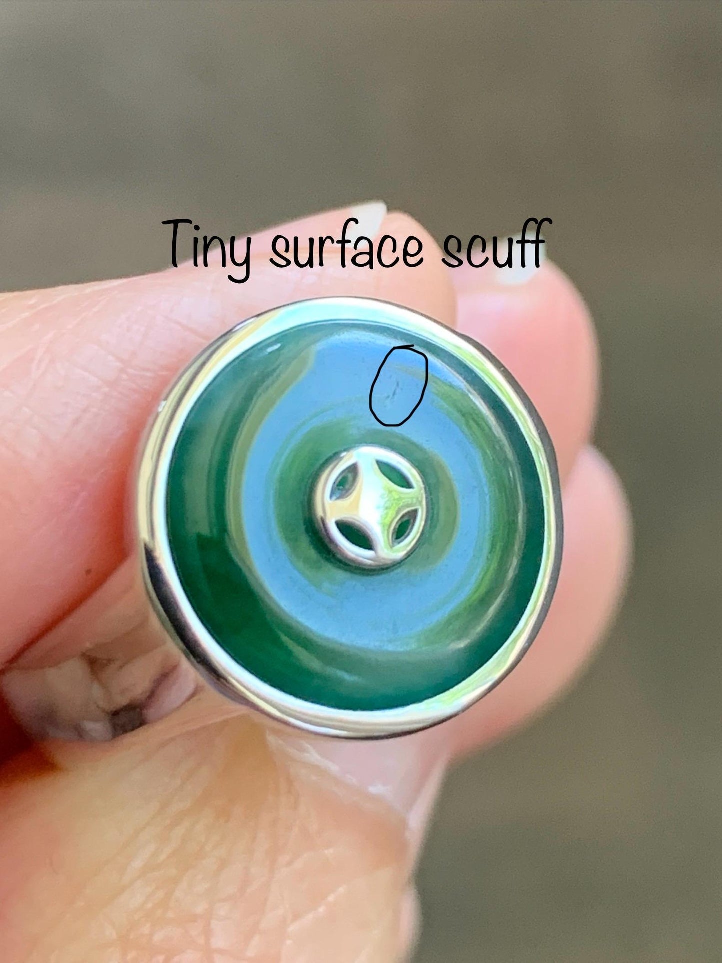 Certified Natural Grade A Icy Translucent Green Marbled Jade Jadeite Donut Ping An Kou Ring Sterling Silver Size 7.25 US 天然冰飘绿翡翠平安扣银镶戒指 239