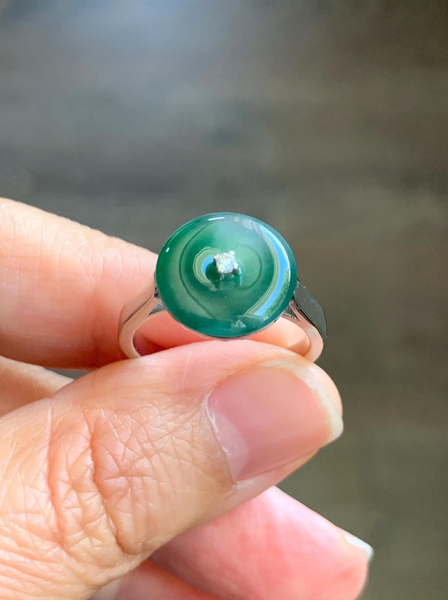 Certified Natural Grade A Icy Translucent Green Marbled Jade Jadeite Donut Ping An Kou Ring Sterling Silver Size 7 US 4g 天然冰飘绿翡翠平安扣银镶戒指 238