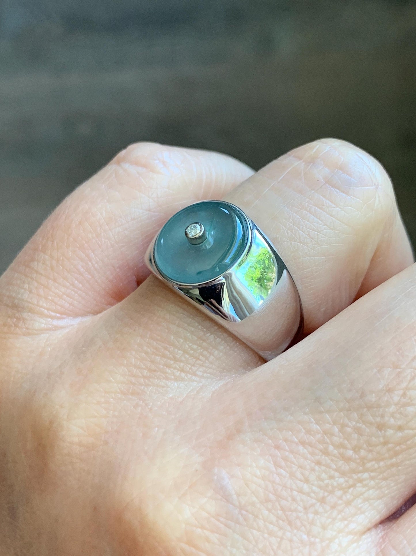 Certified Natural Grade A Icy Translucent Pastel Blue Jade Jadeite Donut Ping An Kou Ring Sterling Silver Size 7.25 US 天然冰胶淡蓝翡翠平安扣银镶戒指 227