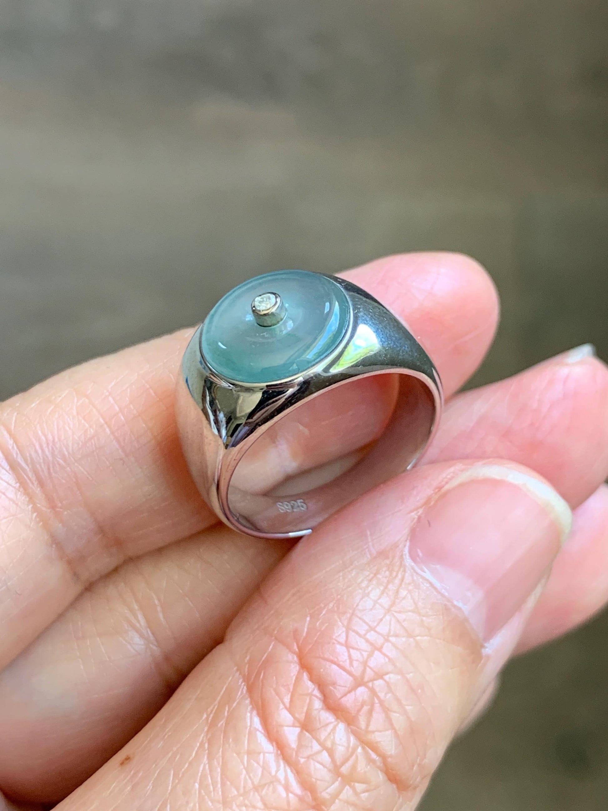 Certified Natural Grade A Icy Translucent Pastel Blue Jade Jadeite Donut Ping An Kou Ring Sterling Silver Size 7.25 US 天然冰胶淡蓝翡翠平安扣银镶戒指 227