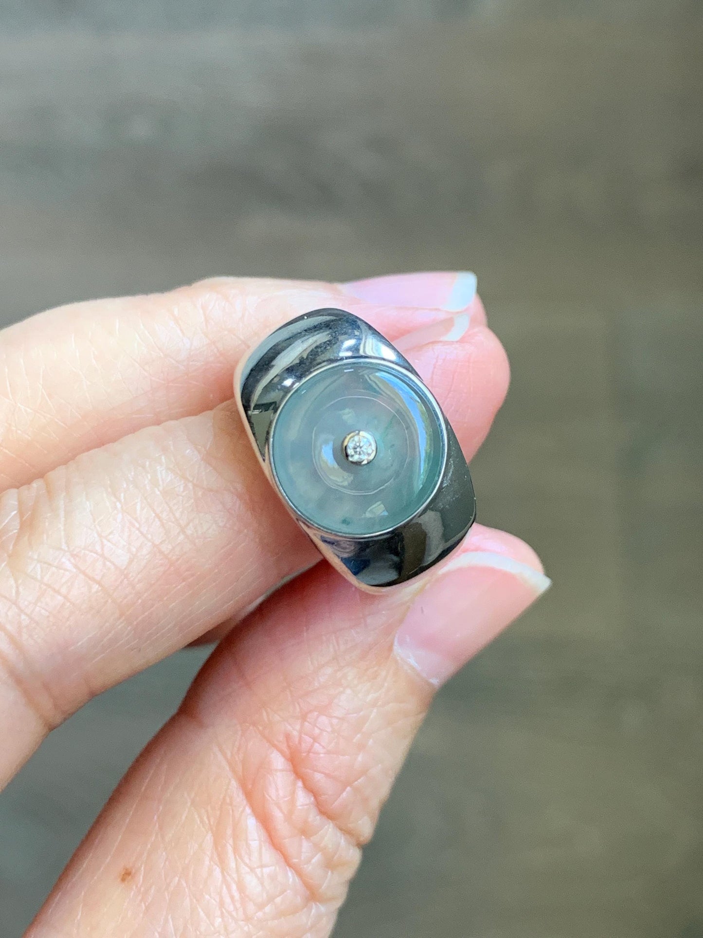 Certified Natural Grade A Icy Translucent Pastel Blue Jade Jadeite Donut Ping An Kou Ring Sterling Silver Size 7.25 US 天然冰胶淡蓝翡翠平安扣银镶戒指 227