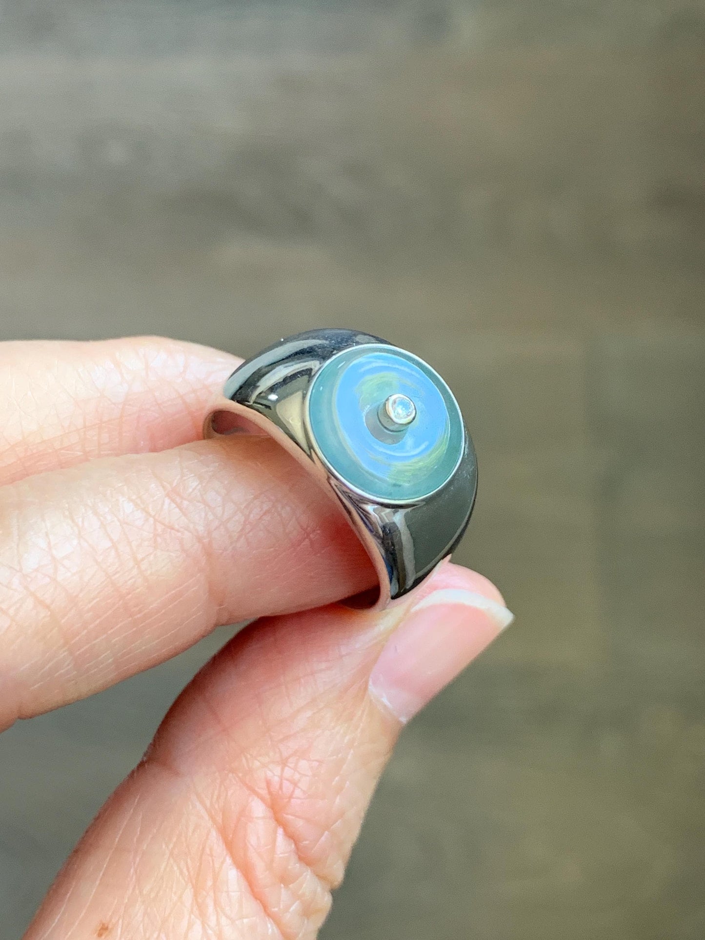 Certified Natural Grade A Icy Translucent Pastel Blue Jade Jadeite Donut Ping An Kou Ring Sterling Silver Size 7.25 US 天然冰胶淡蓝翡翠平安扣银镶戒指 227