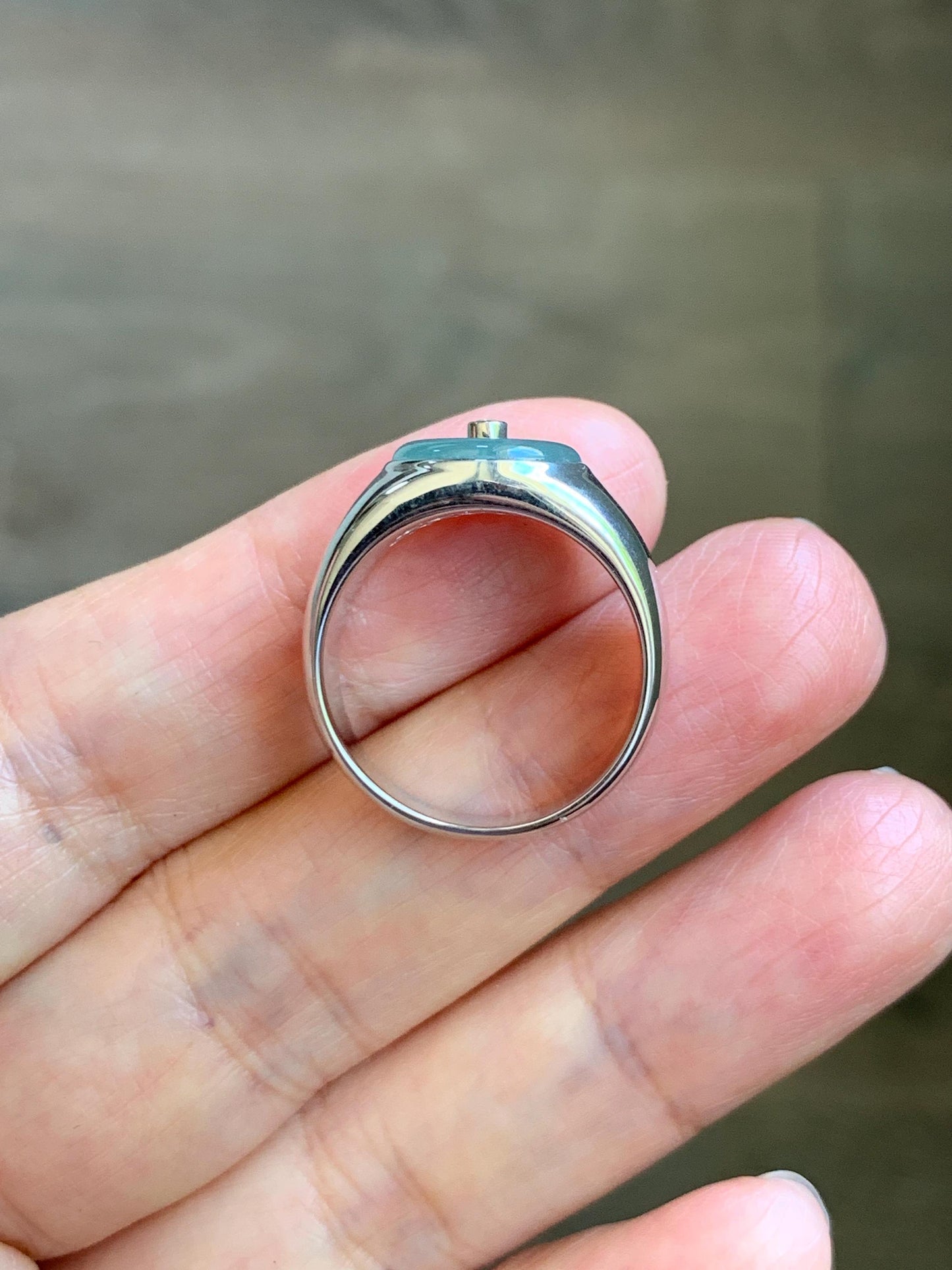 Certified Natural Grade A Icy Translucent Pastel Blue Jade Jadeite Donut Ping An Kou Ring Sterling Silver Size 7.25 US 天然冰胶淡蓝翡翠平安扣银镶戒指 227
