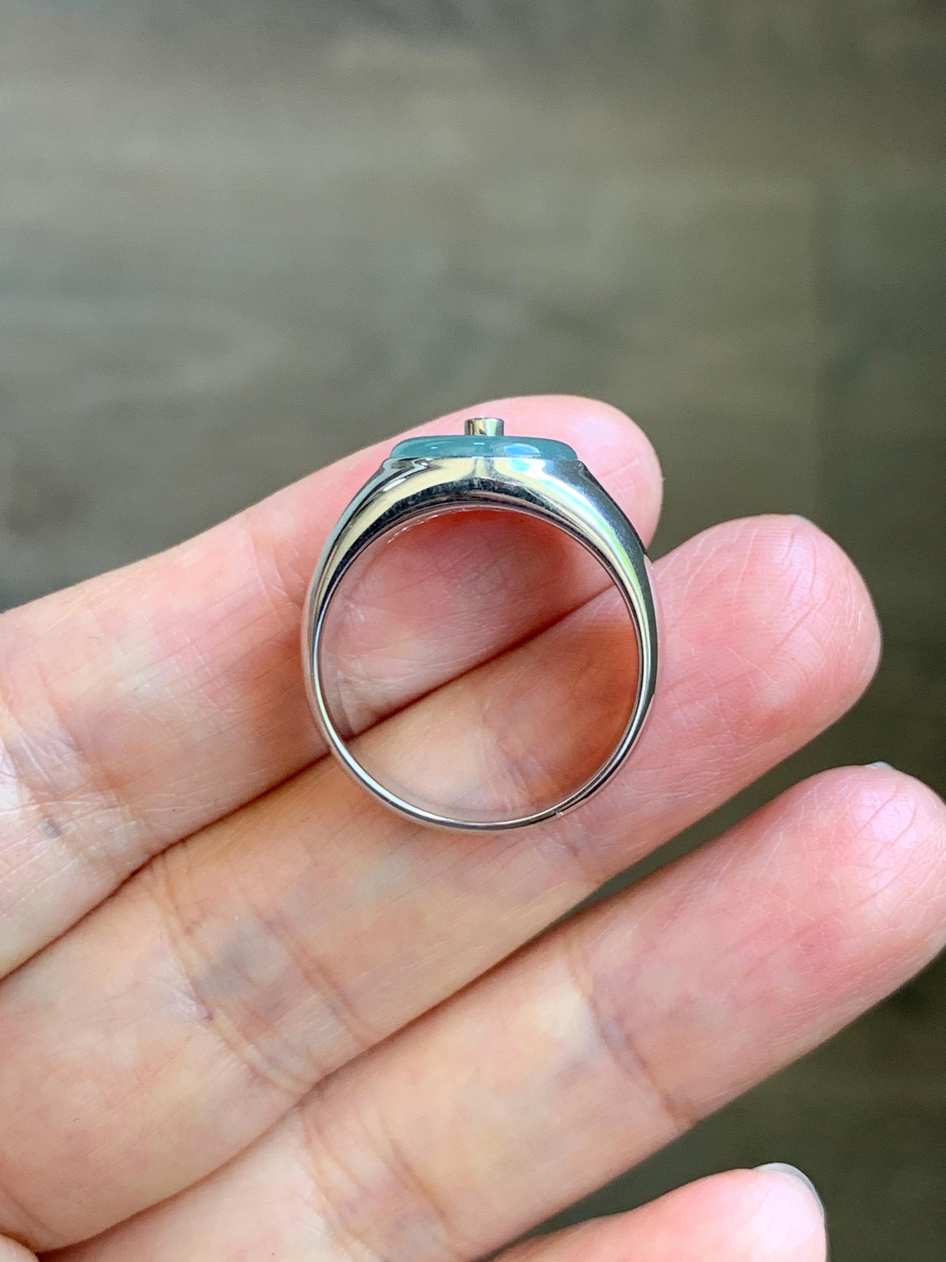 Certified Natural Grade A Icy Translucent Pastel Blue Jade Jadeite Donut Ping An Kou Ring Sterling Silver Size 7.25 US 天然冰胶淡蓝翡翠平安扣银镶戒指 227