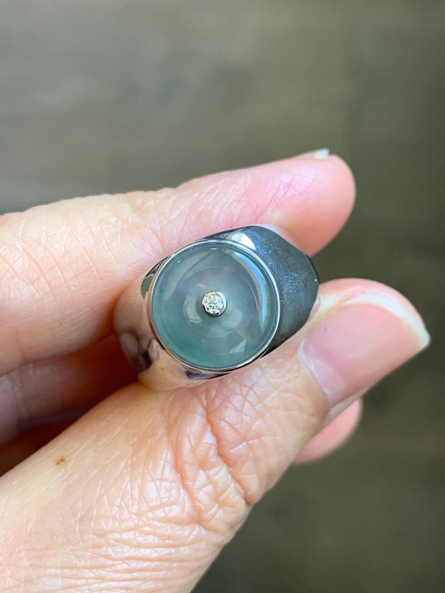 Certified Natural Grade A Icy Translucent Pastel Blue Jade Jadeite Donut Ping An Kou Ring Sterling Silver Size 7.25 US 天然冰胶淡蓝翡翠平安扣银镶戒指 227