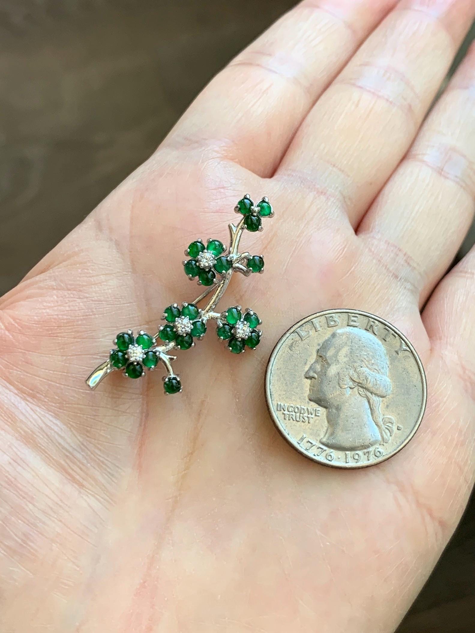 Certified Natural Grade A Guatemalan Icy Translucent Vibrant Green Jade Jadeite Cherry Blossom Brooch Sterling Silver 3.2g 天然冰危绿翡翠银镶梅花枝胸针251