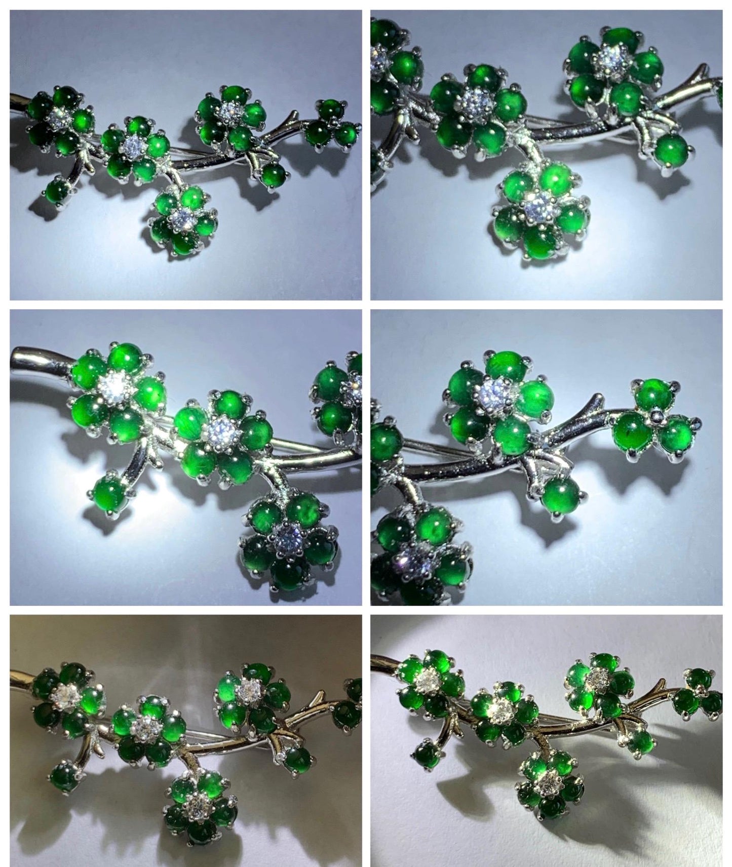 Certified Natural Grade A Guatemalan Icy Translucent Vibrant Green Jade Jadeite Cherry Blossom Brooch Sterling Silver 3.2g 天然冰危绿翡翠银镶梅花枝胸针251