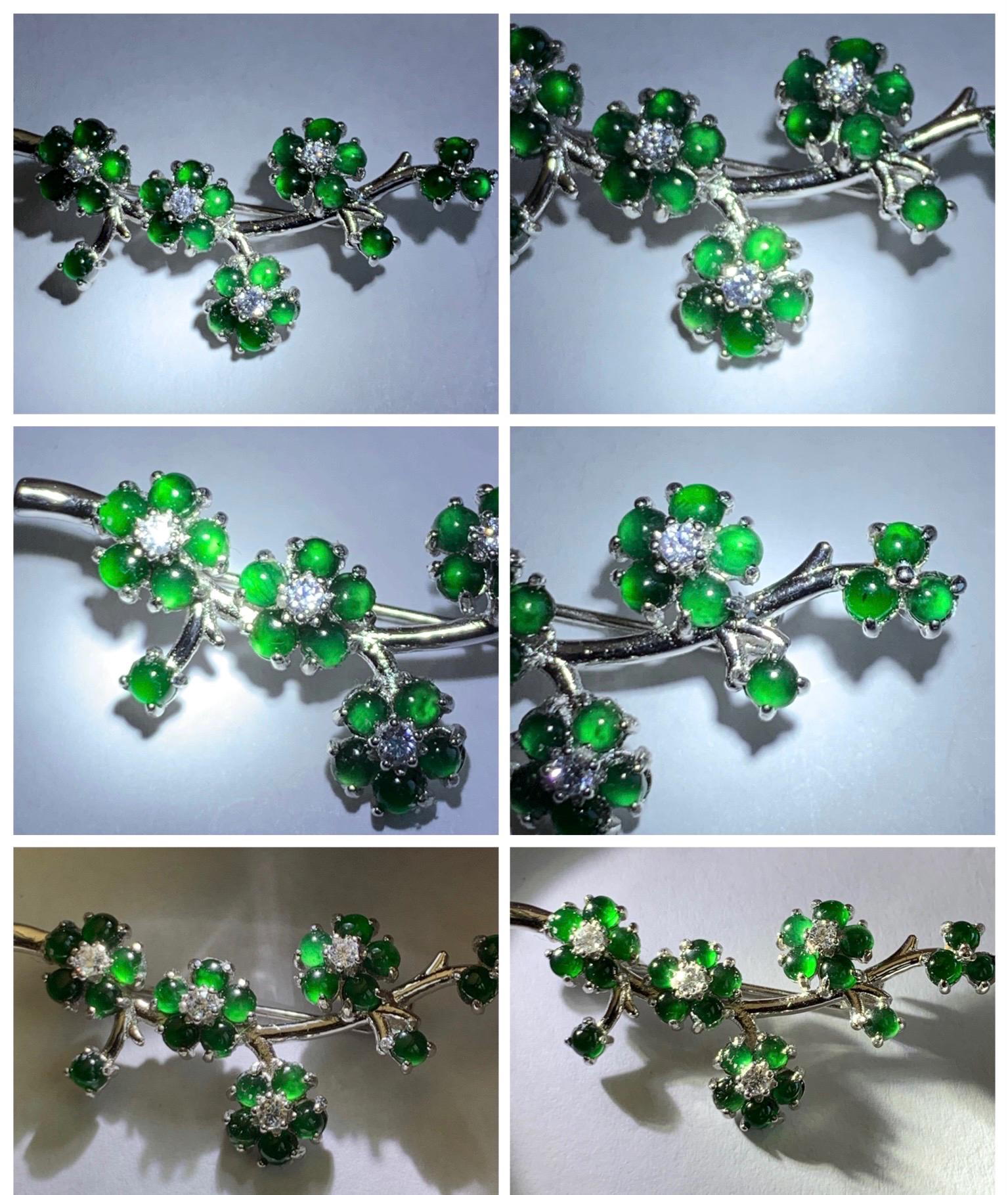 Certified Natural Grade A Guatemalan Icy Translucent Vibrant Green Jade Jadeite Cherry Blossom Brooch Sterling Silver 3.2g 天然冰危绿翡翠银镶梅花枝胸针251