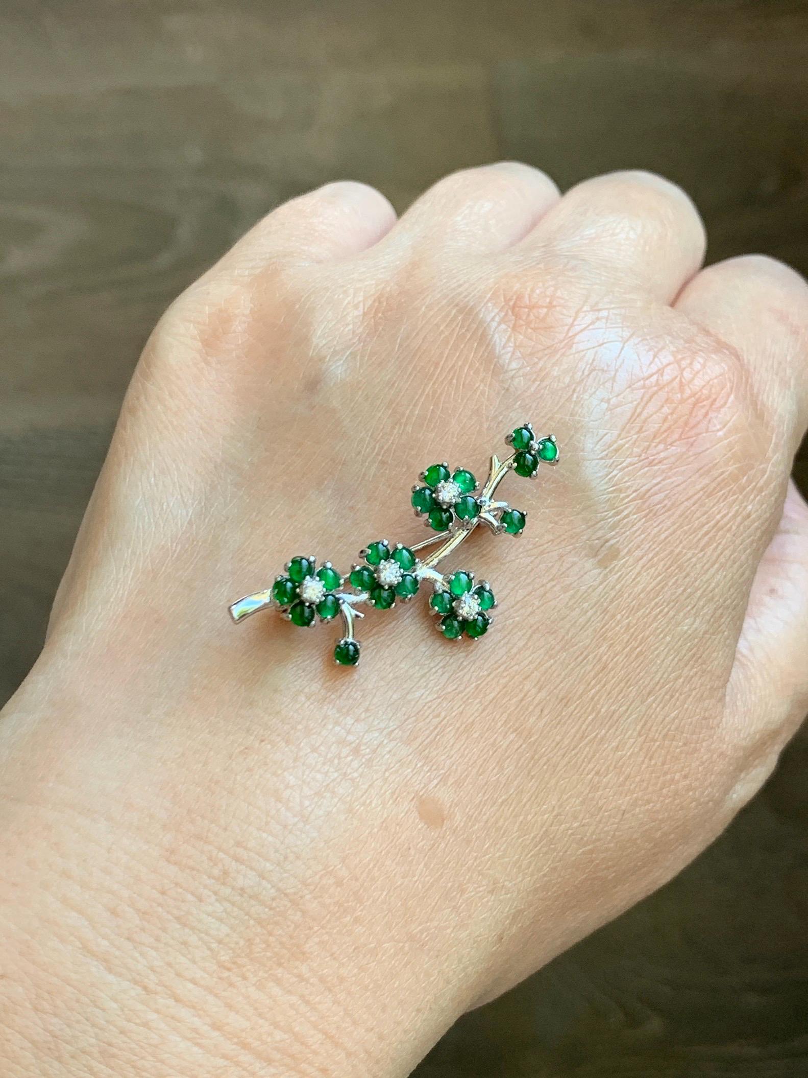 Certified Natural Grade A Guatemalan Icy Translucent Vibrant Green Jade Jadeite Cherry Blossom Brooch Sterling Silver 3.2g 天然冰危绿翡翠银镶梅花枝胸针251