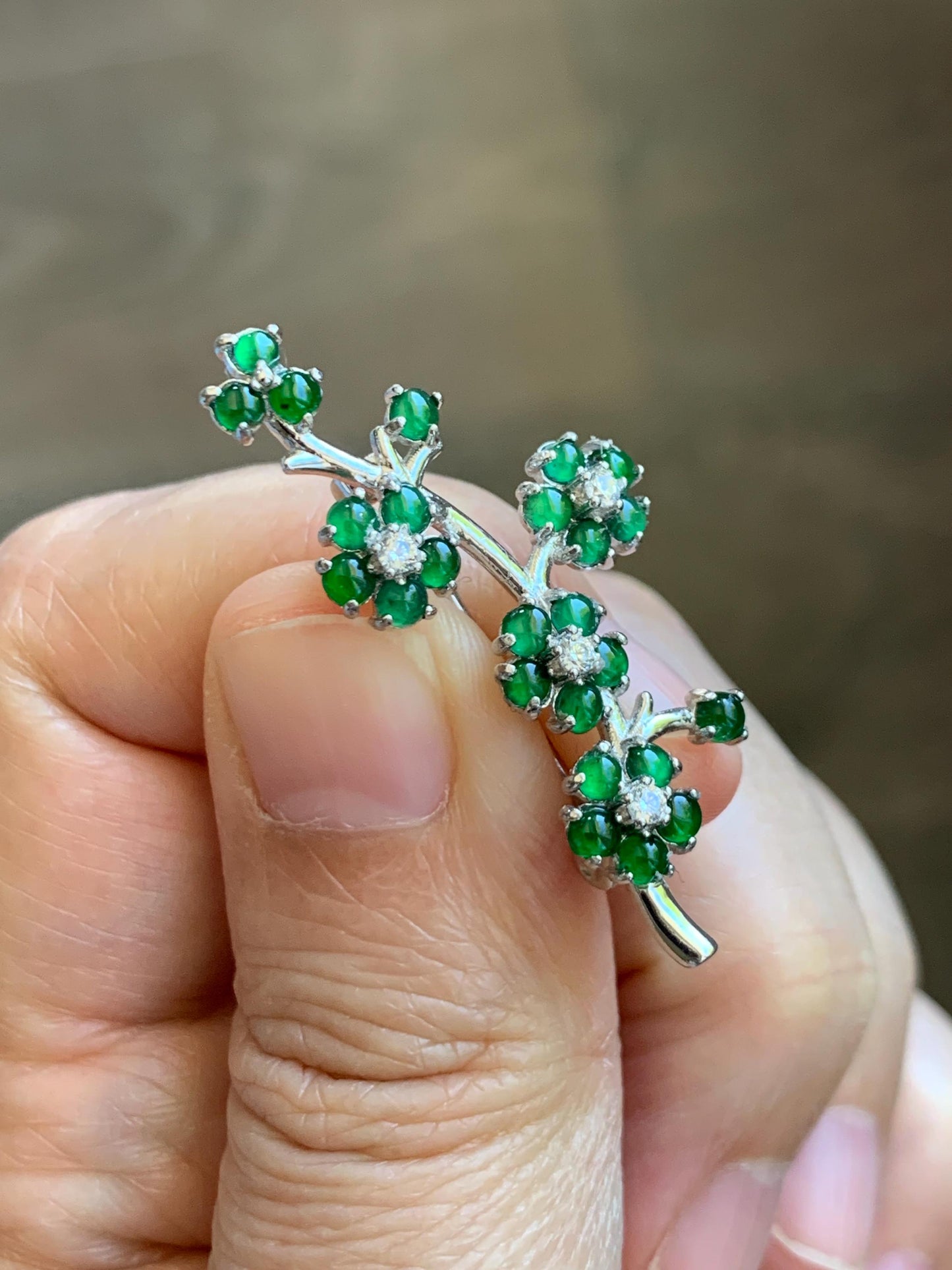 Certified Natural Grade A Guatemalan Icy Translucent Vibrant Green Jade Jadeite Cherry Blossom Brooch Sterling Silver 3.2g 天然冰危绿翡翠银镶梅花枝胸针251