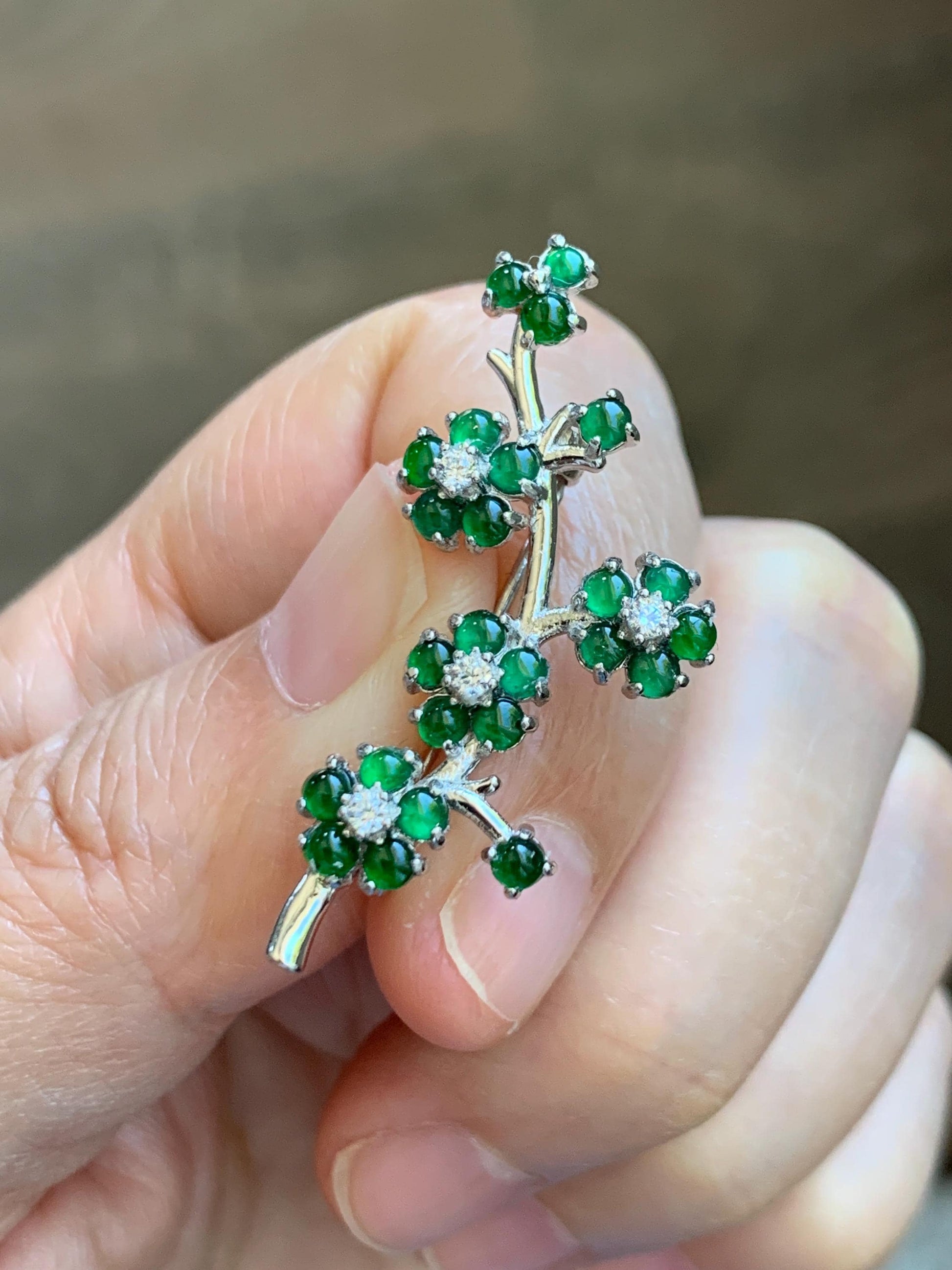 Certified Natural Grade A Guatemalan Icy Translucent Vibrant Green Jade Jadeite Cherry Blossom Brooch Sterling Silver 3.2g 天然冰危绿翡翠银镶梅花枝胸针251