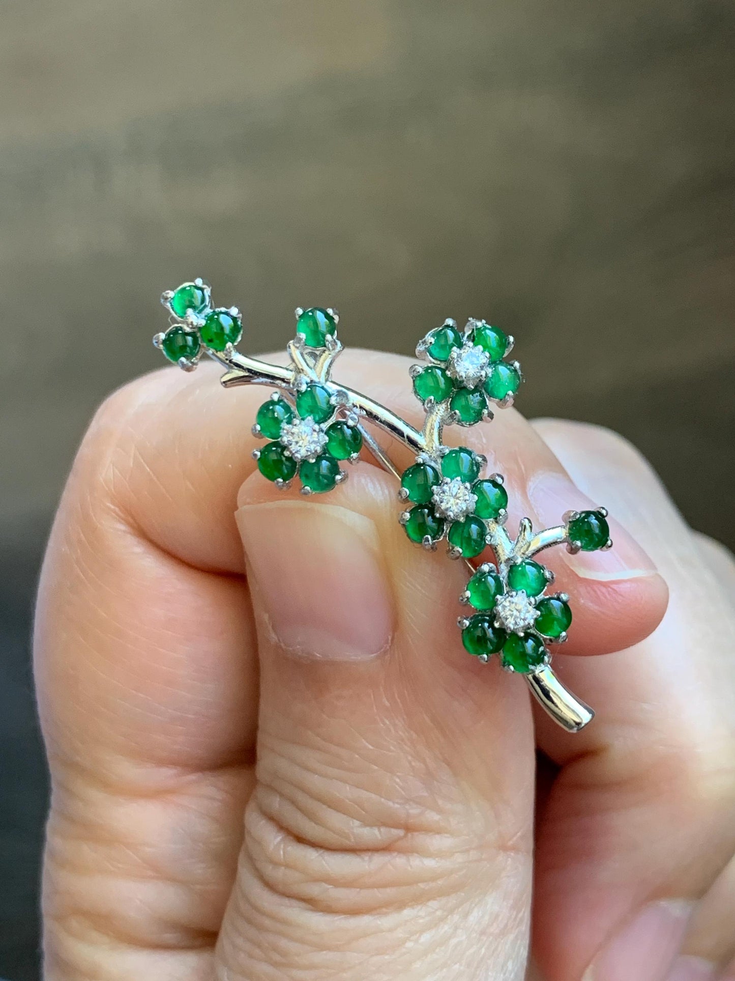 Certified Natural Grade A Guatemalan Icy Translucent Vibrant Green Jade Jadeite Cherry Blossom Brooch Sterling Silver 3.2g 天然冰危绿翡翠银镶梅花枝胸针251