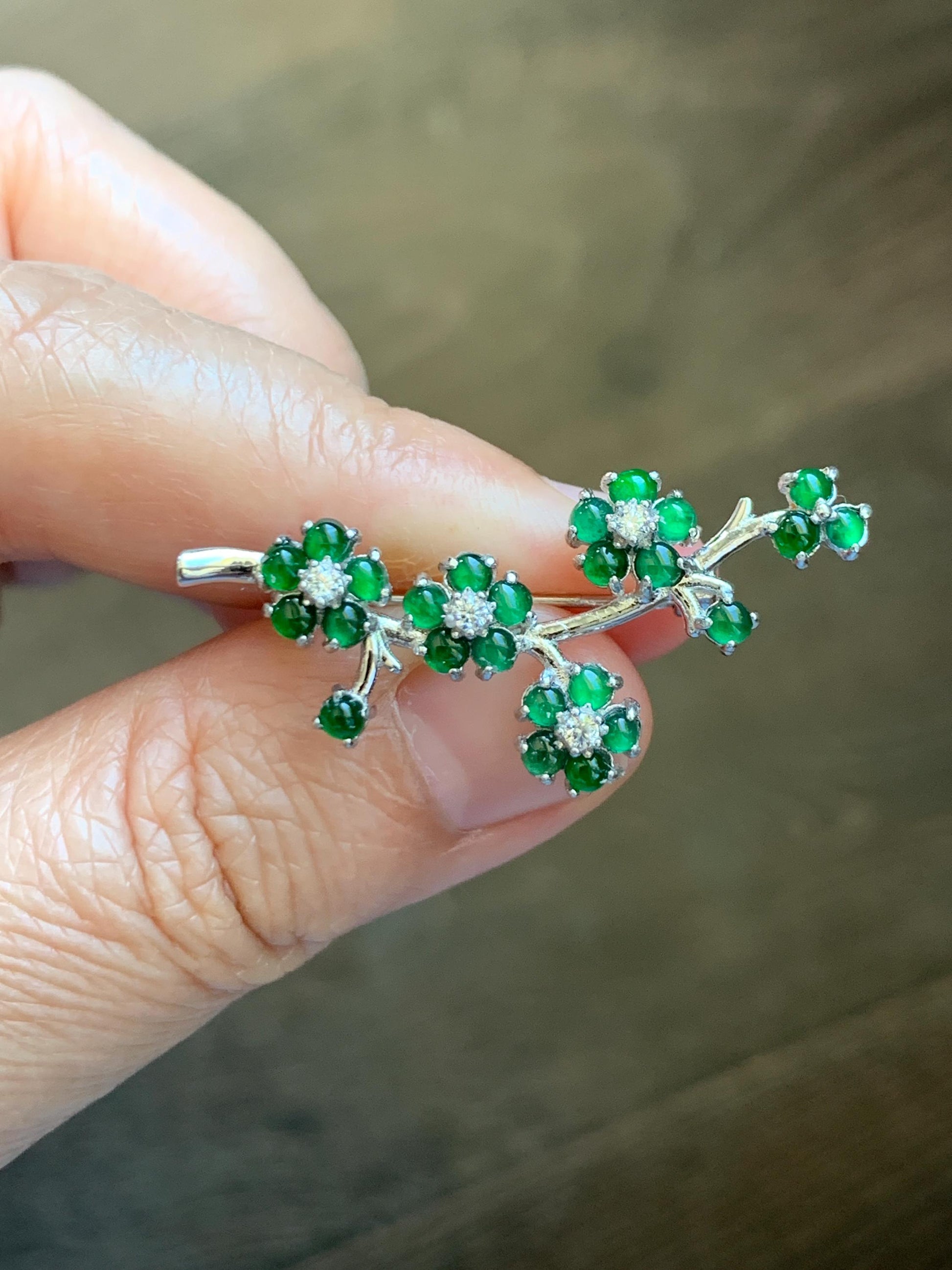 Certified Natural Grade A Guatemalan Icy Translucent Vibrant Green Jade Jadeite Cherry Blossom Brooch Sterling Silver 3.2g 天然冰危绿翡翠银镶梅花枝胸针251