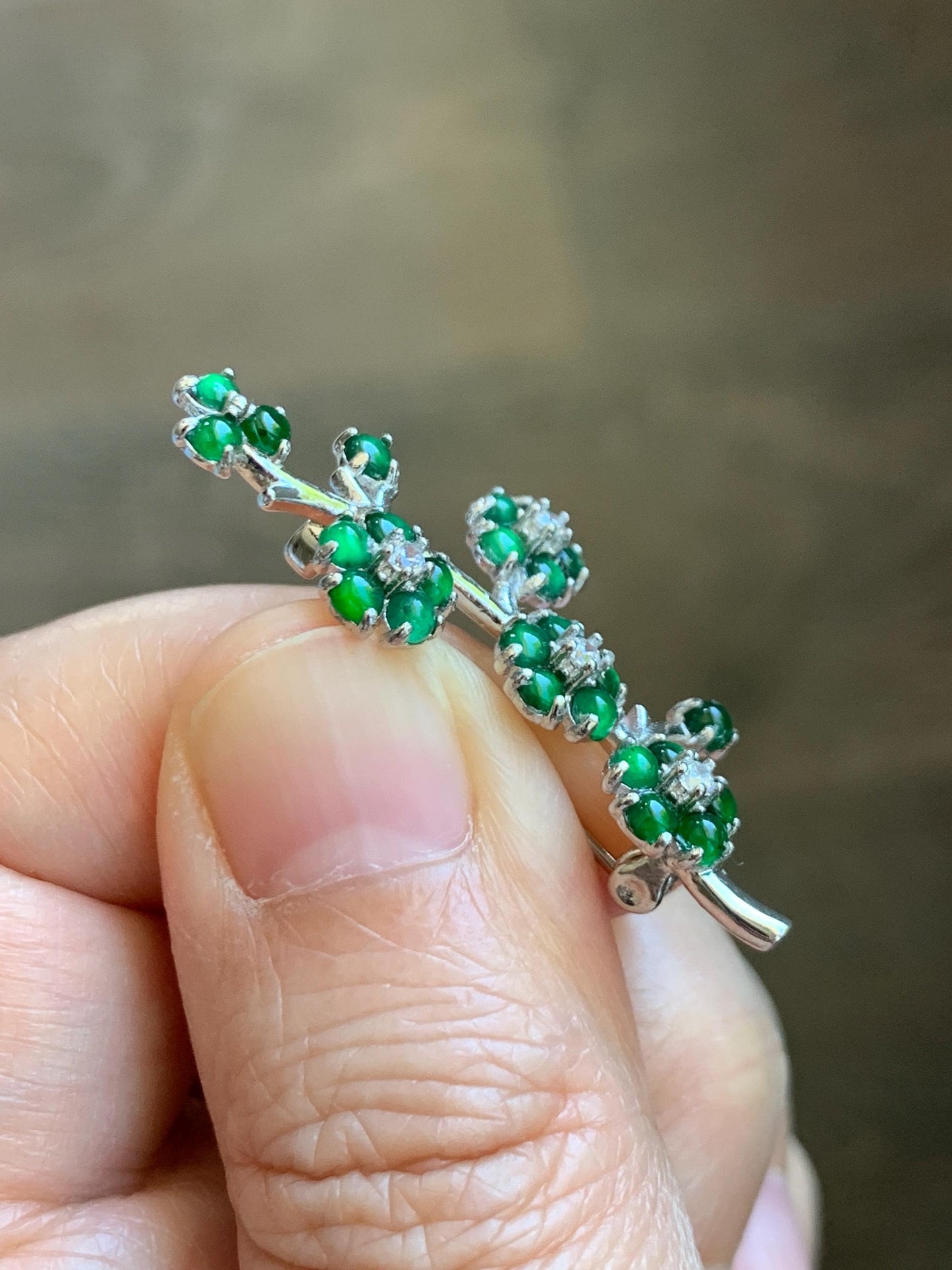Certified Natural Grade A Guatemalan Icy Translucent Vibrant Green Jade Jadeite Cherry Blossom Brooch Sterling Silver 3.2g 天然冰危绿翡翠银镶梅花枝胸针251