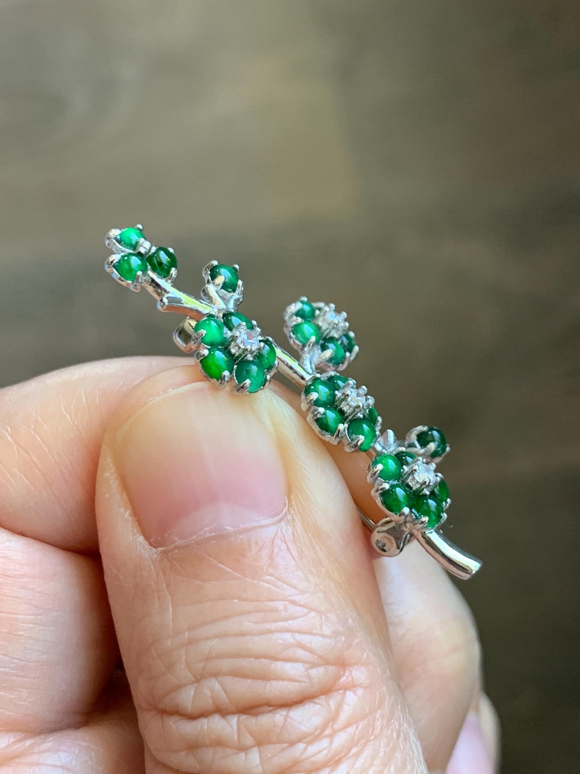 Certified Natural Grade A Guatemalan Icy Translucent Vibrant Green Jade Jadeite Cherry Blossom Brooch Sterling Silver 3.2g 天然冰危绿翡翠银镶梅花枝胸针251