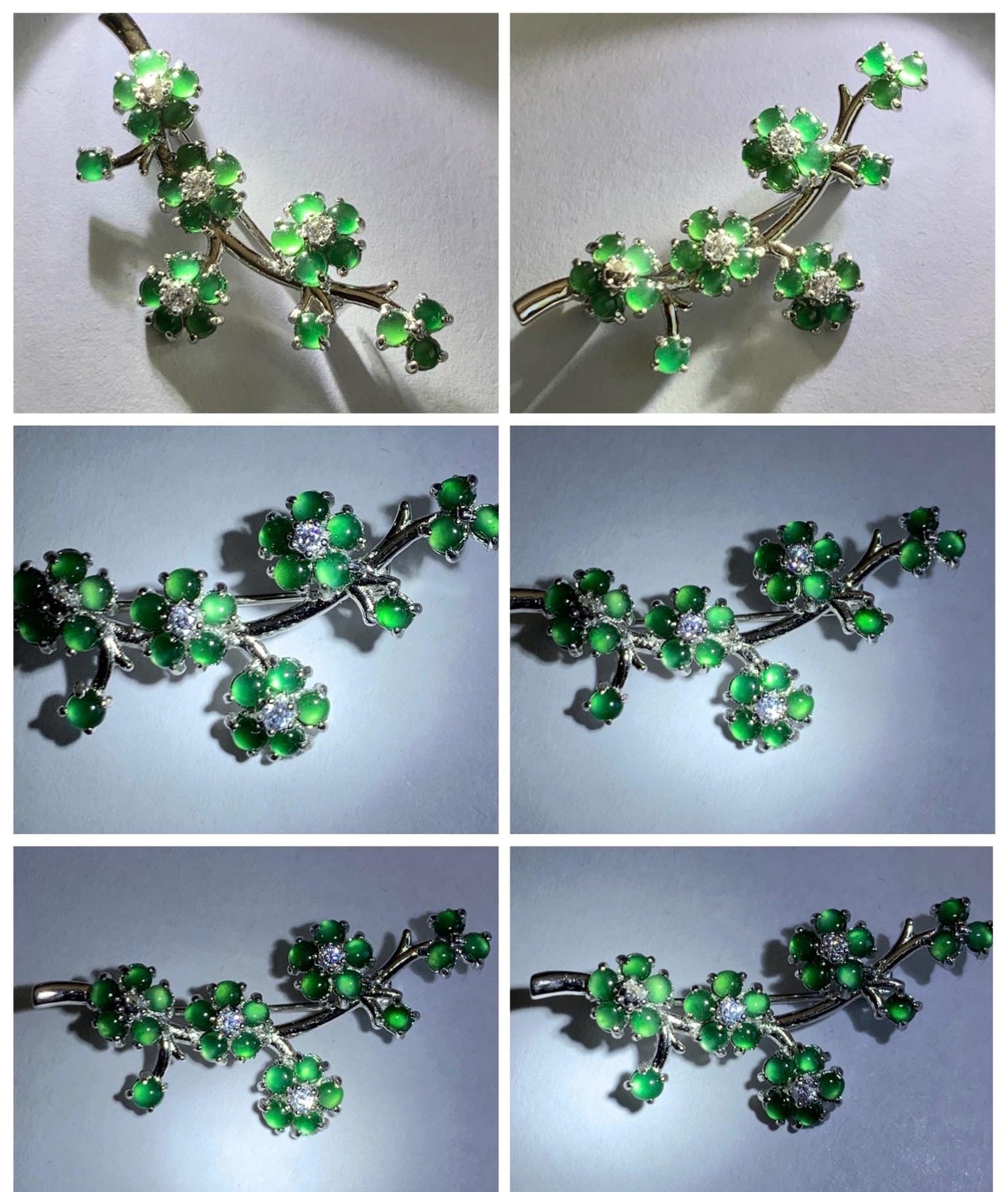 Certified Natural Grade A Guatemalan Icy Translucent Green Jade Jadeite Cherry Blossom Brooch Sterling Silver 3.19g 天然冰危绿翡翠银镶梅花枝胸针 252