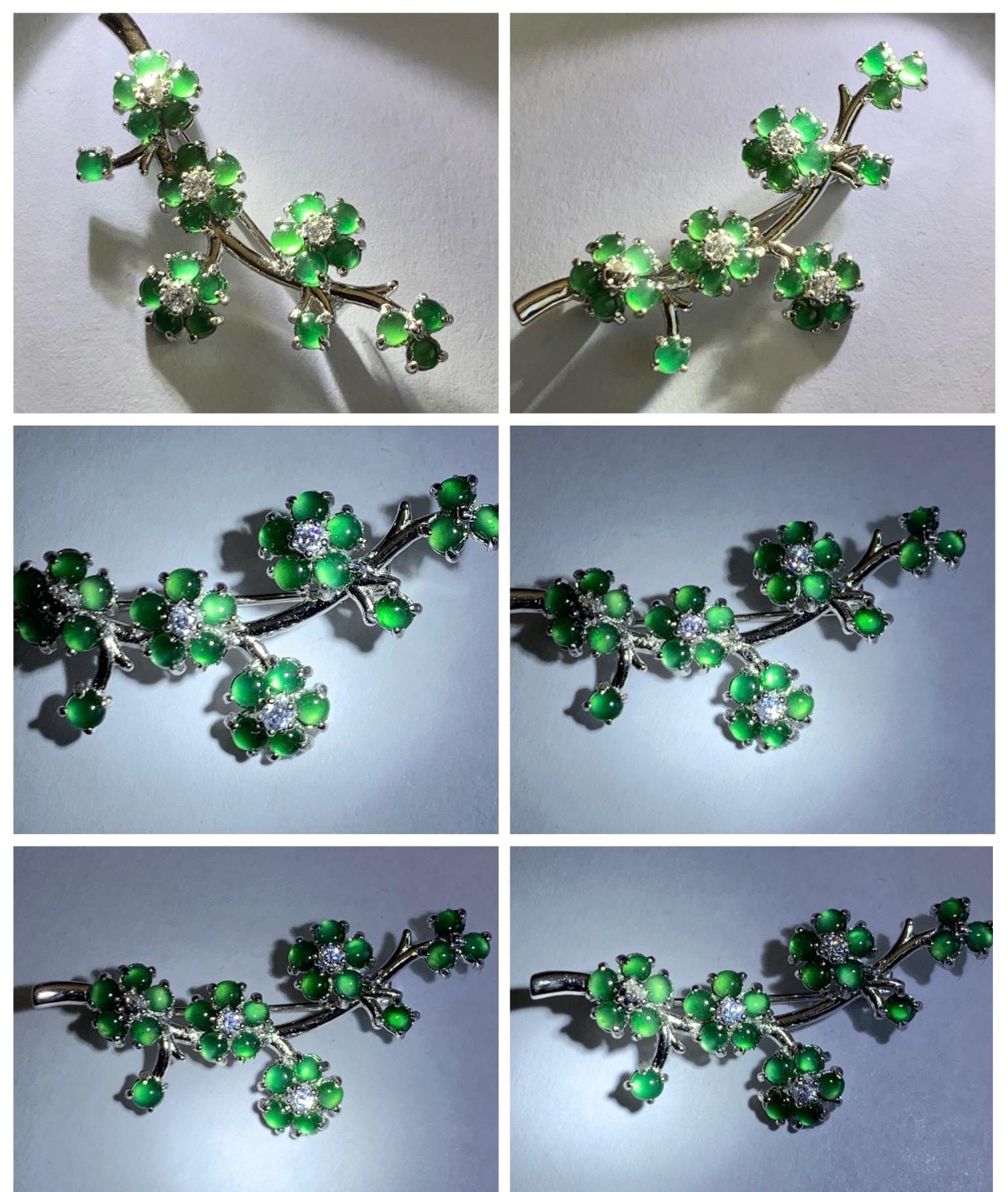 Certified Natural Grade A Guatemalan Icy Translucent Green Jade Jadeite Cherry Blossom Brooch Sterling Silver 3.19g 天然冰危绿翡翠银镶梅花枝胸针 252