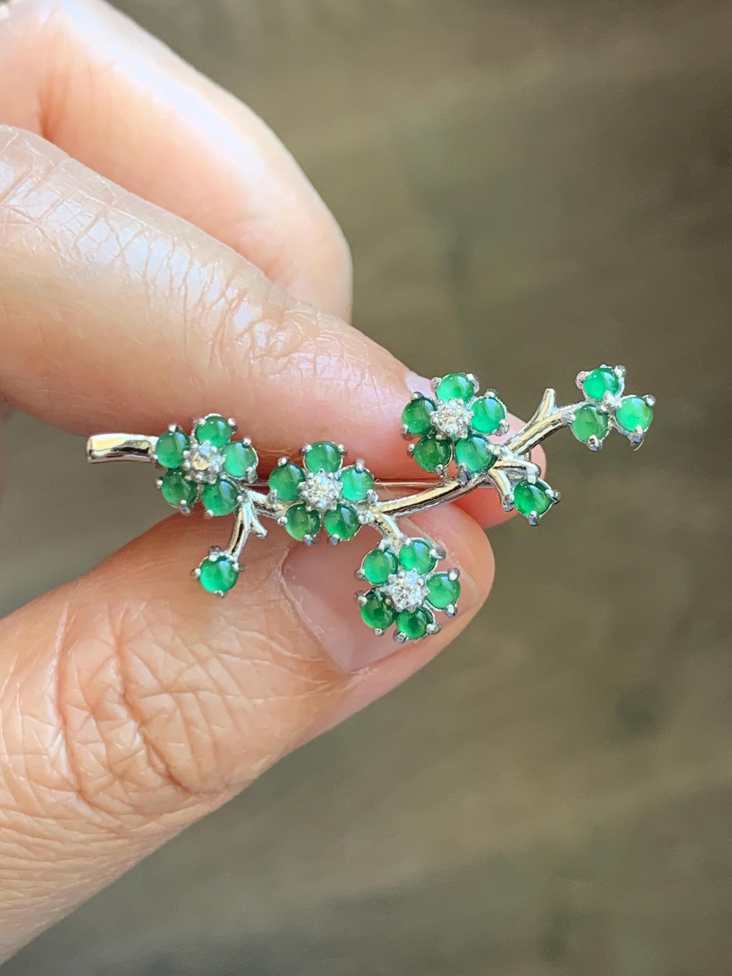 Certified Natural Grade A Guatemalan Icy Translucent Green Jade Jadeite Cherry Blossom Brooch Sterling Silver 3.19g 天然冰危绿翡翠银镶梅花枝胸针 252