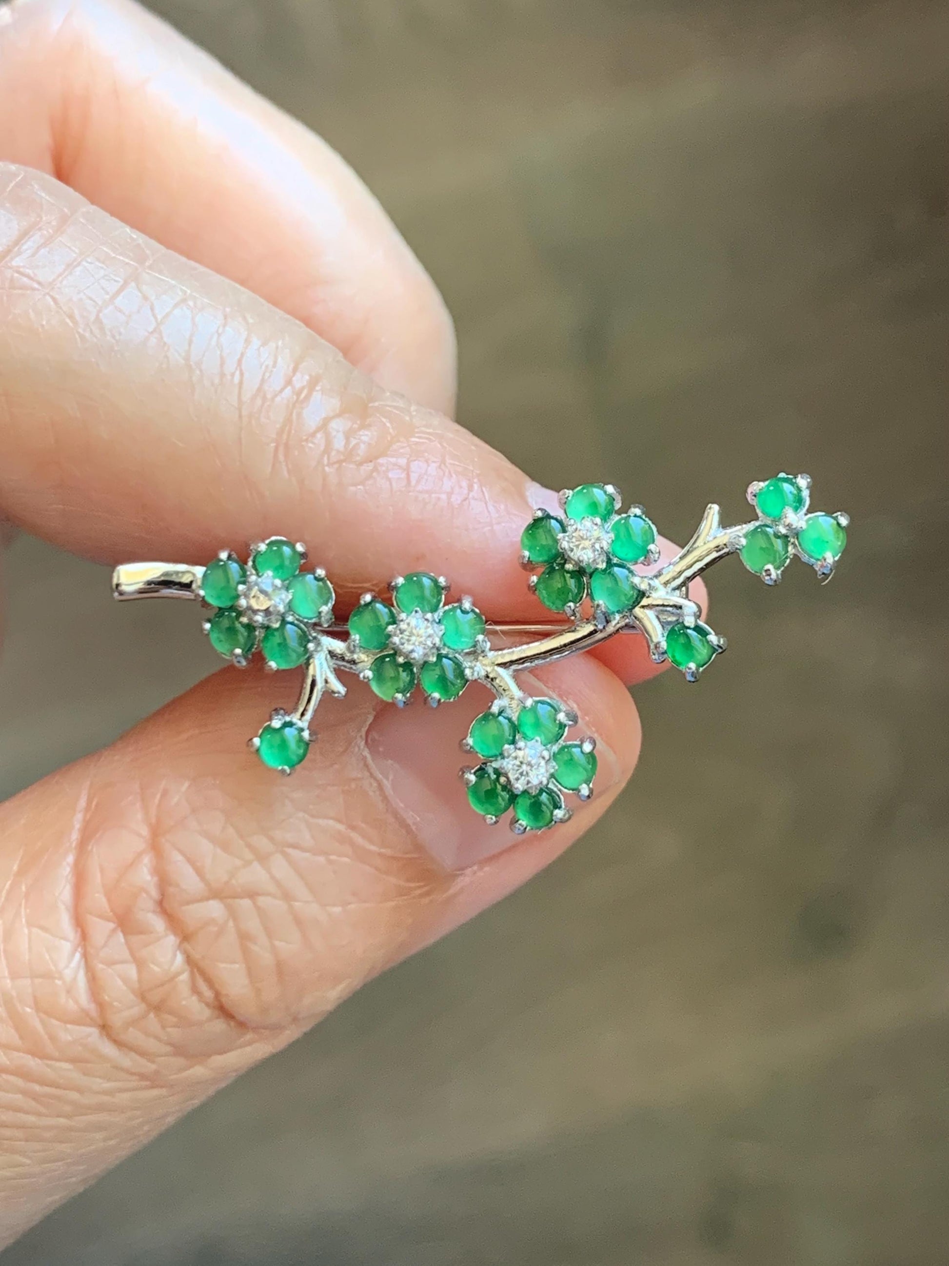Certified Natural Grade A Guatemalan Icy Translucent Green Jade Jadeite Cherry Blossom Brooch Sterling Silver 3.19g 天然冰危绿翡翠银镶梅花枝胸针 252