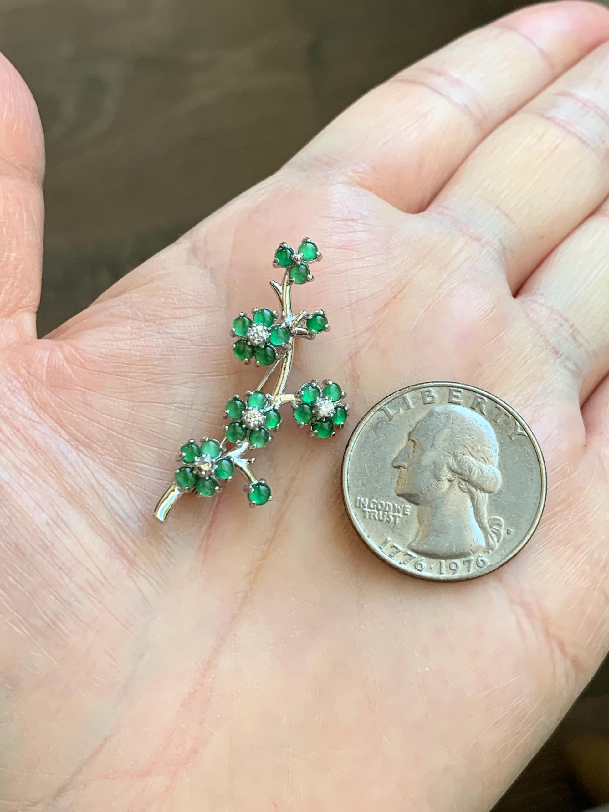 Certified Natural Grade A Guatemalan Icy Translucent Green Jade Jadeite Cherry Blossom Brooch Sterling Silver 3.19g 天然冰危绿翡翠银镶梅花枝胸针 252