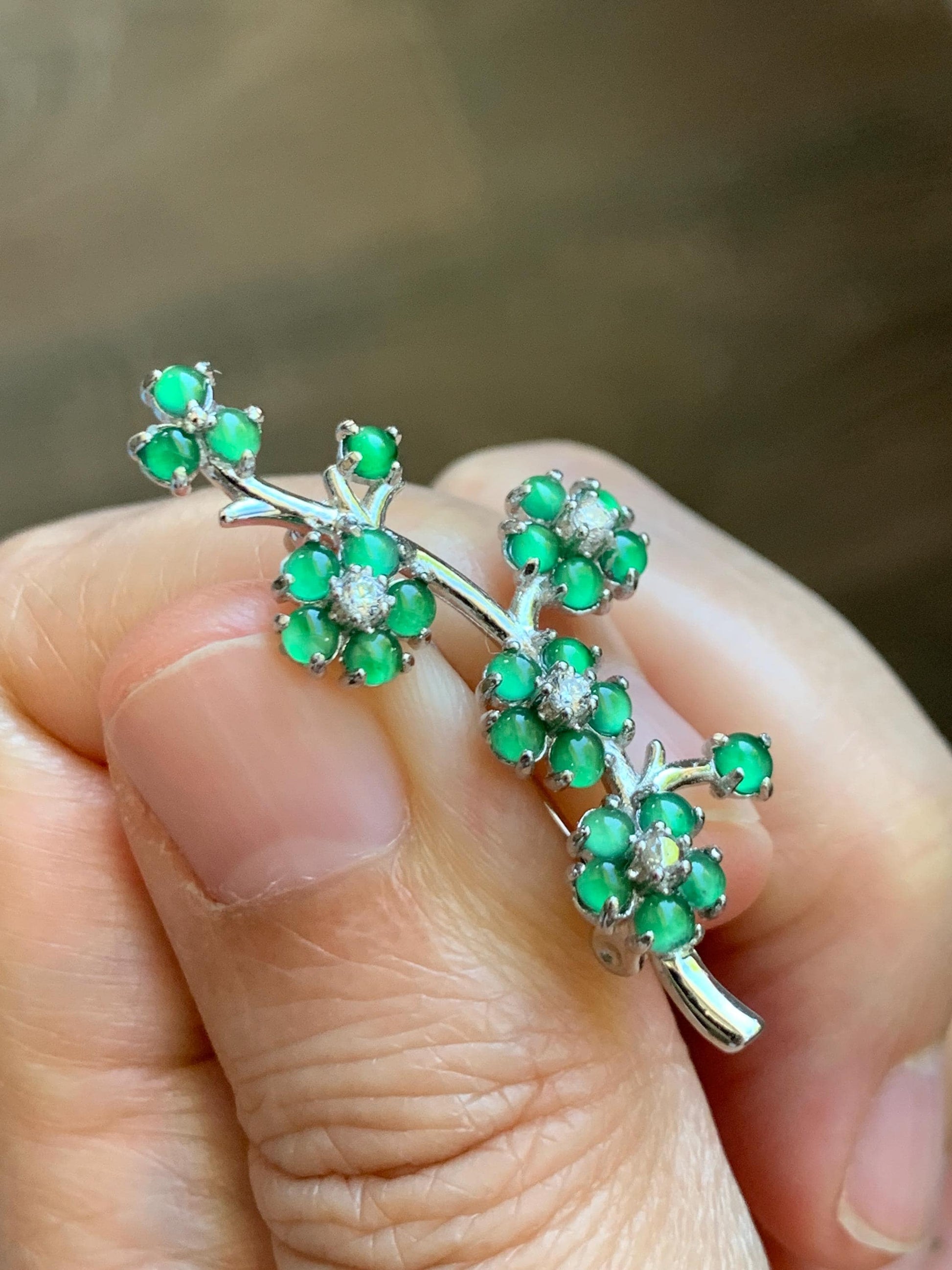 Certified Natural Grade A Guatemalan Icy Translucent Green Jade Jadeite Cherry Blossom Brooch Sterling Silver 3.19g 天然冰危绿翡翠银镶梅花枝胸针 252