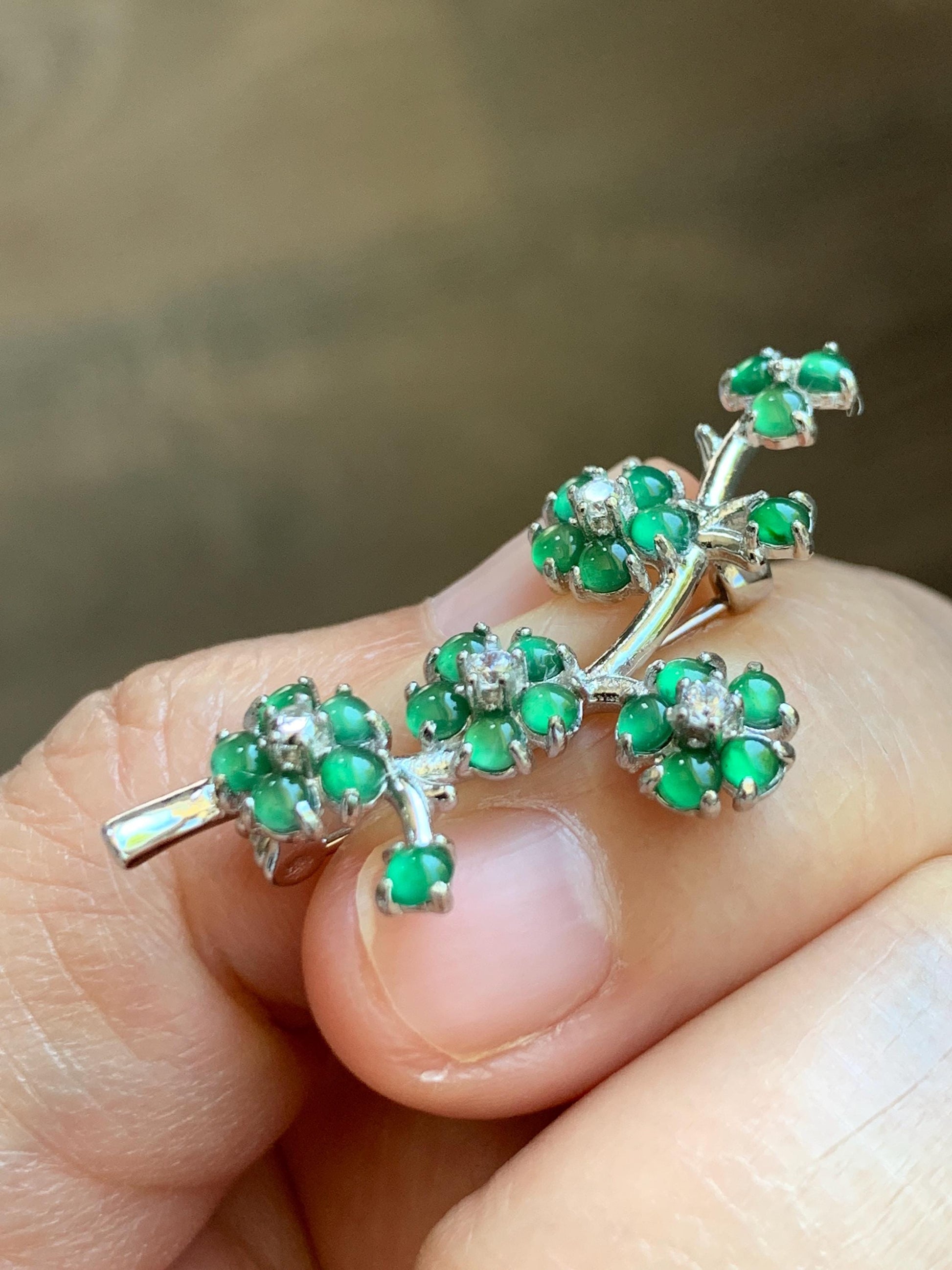 Certified Natural Grade A Guatemalan Icy Translucent Green Jade Jadeite Cherry Blossom Brooch Sterling Silver 3.19g 天然冰危绿翡翠银镶梅花枝胸针 252