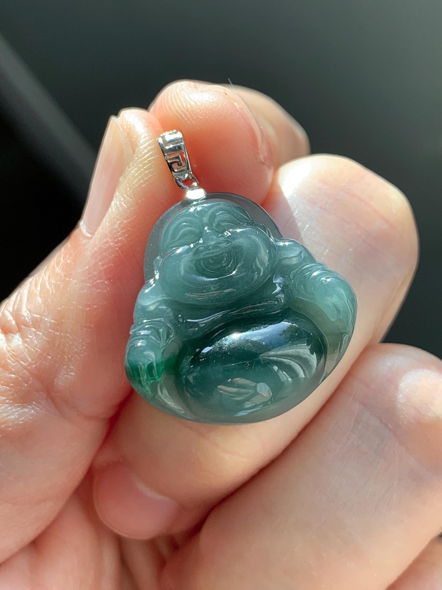Natural Grade A Guatemalan Icy Translucent Dark Dusty Teal Green Marbled Jade Jadeite Buddha Pendant Sterling Silver 天然冰危深蓝绿翡翠佛公吊坠 WFG140B