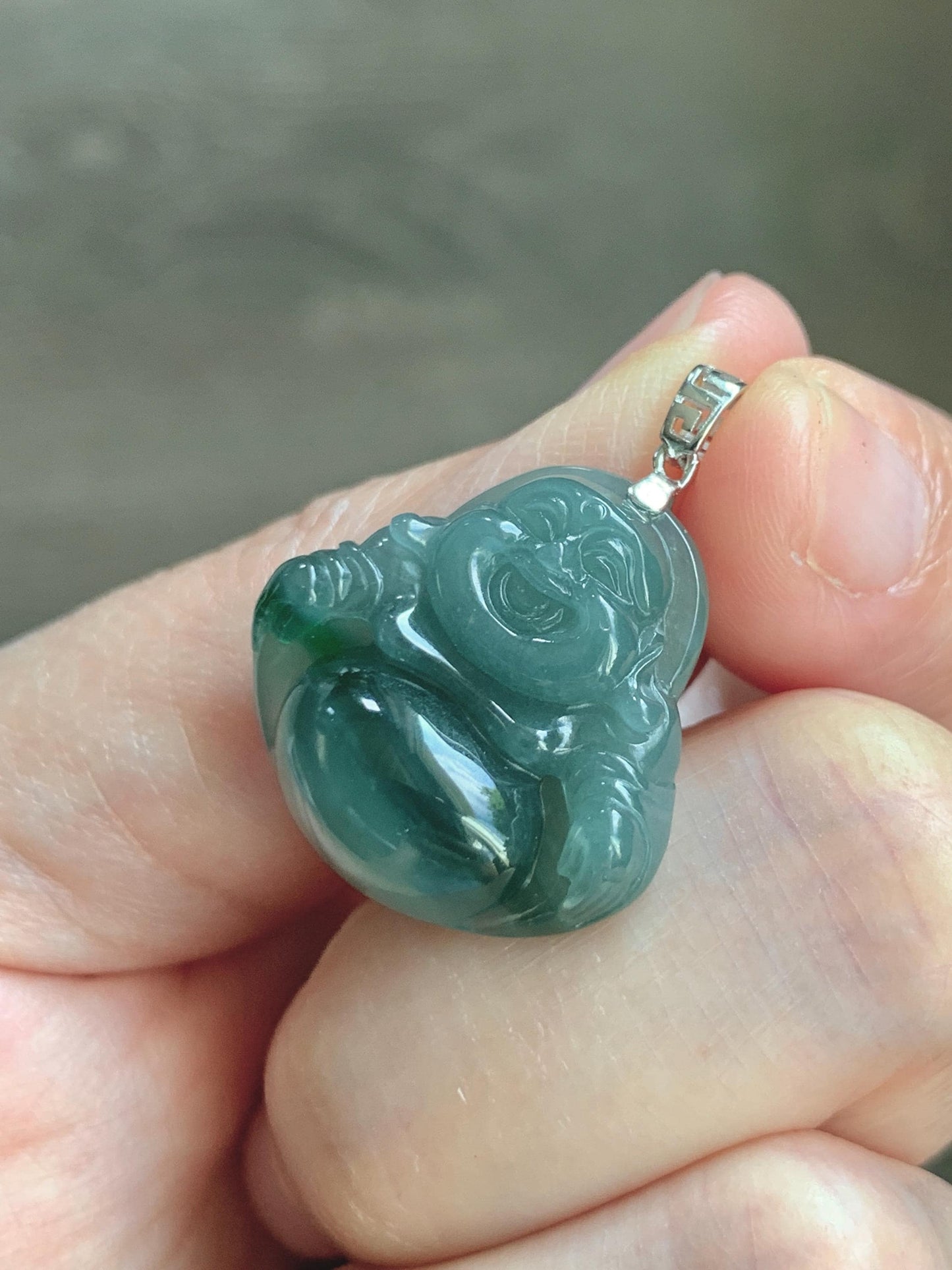 Natural Grade A Guatemalan Icy Translucent Dark Dusty Teal Green Marbled Jade Jadeite Buddha Pendant Sterling Silver 天然冰危深蓝绿翡翠佛公吊坠 WFG140B