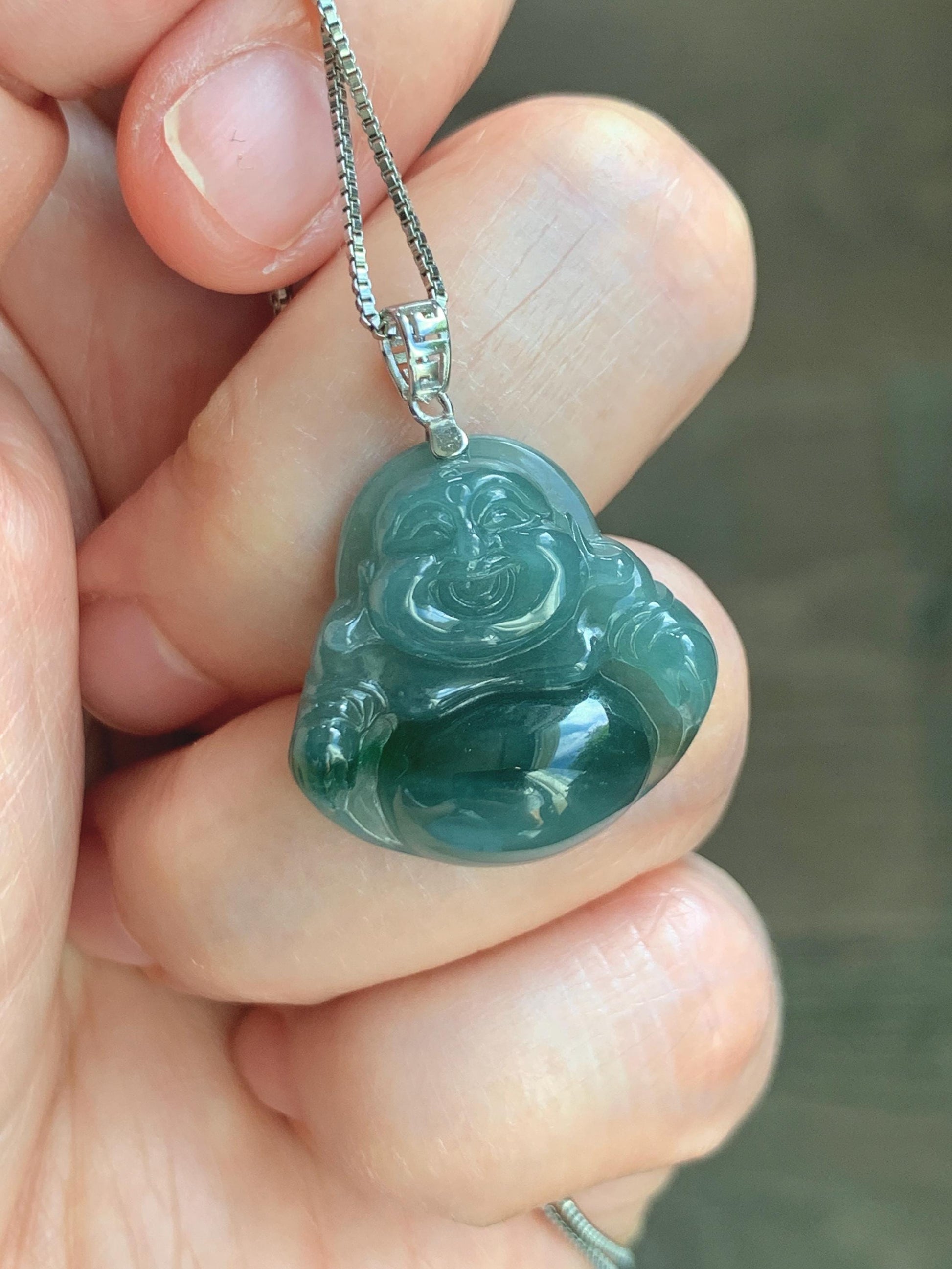 Natural Grade A Guatemalan Icy Translucent Dark Dusty Teal Green Marbled Jade Jadeite Buddha Pendant Sterling Silver 天然冰危深蓝绿翡翠佛公吊坠 WFG140B