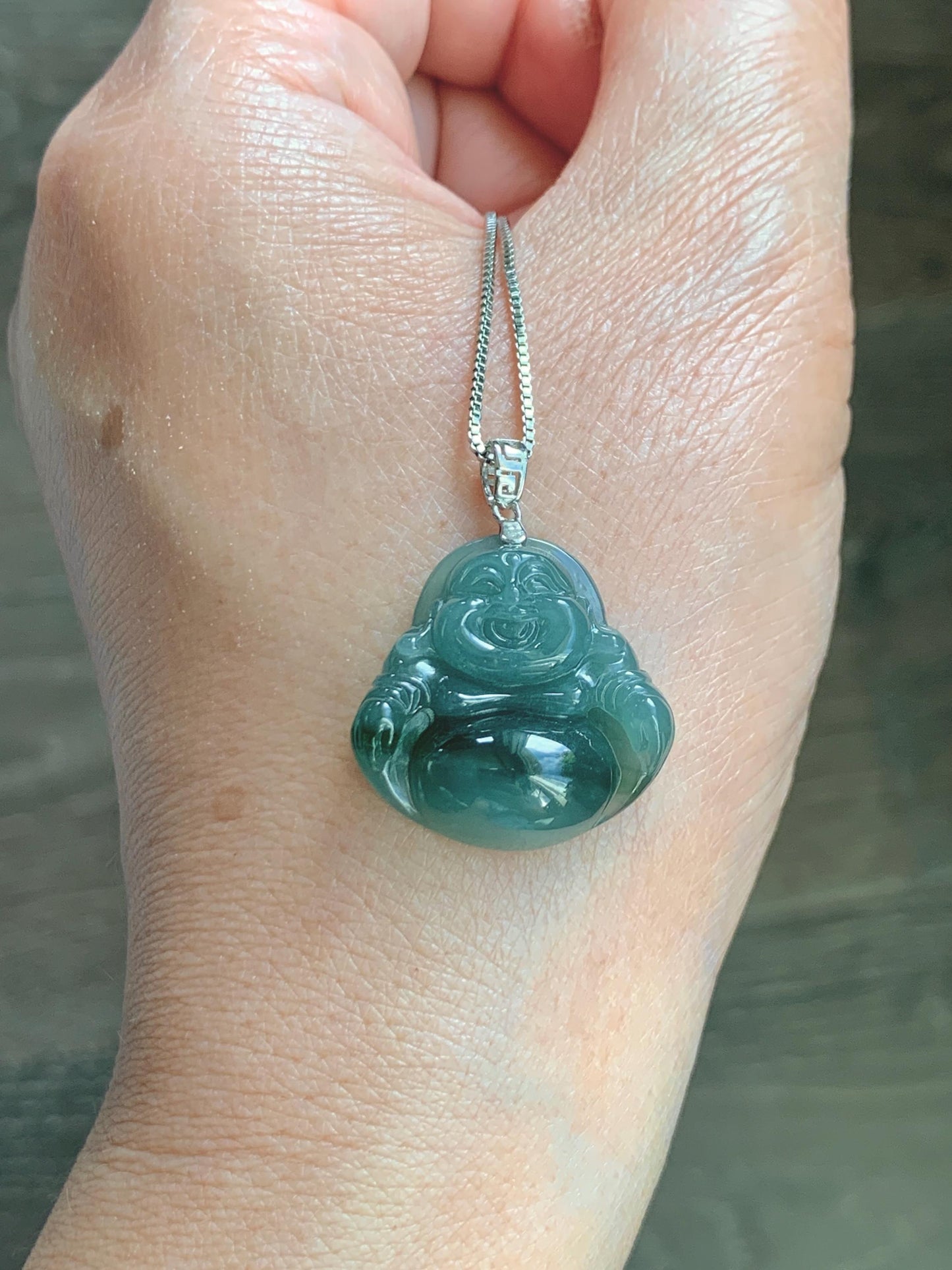 Natural Grade A Guatemalan Icy Translucent Dark Dusty Teal Green Marbled Jade Jadeite Buddha Pendant Sterling Silver 天然冰危深蓝绿翡翠佛公吊坠 WFG140B