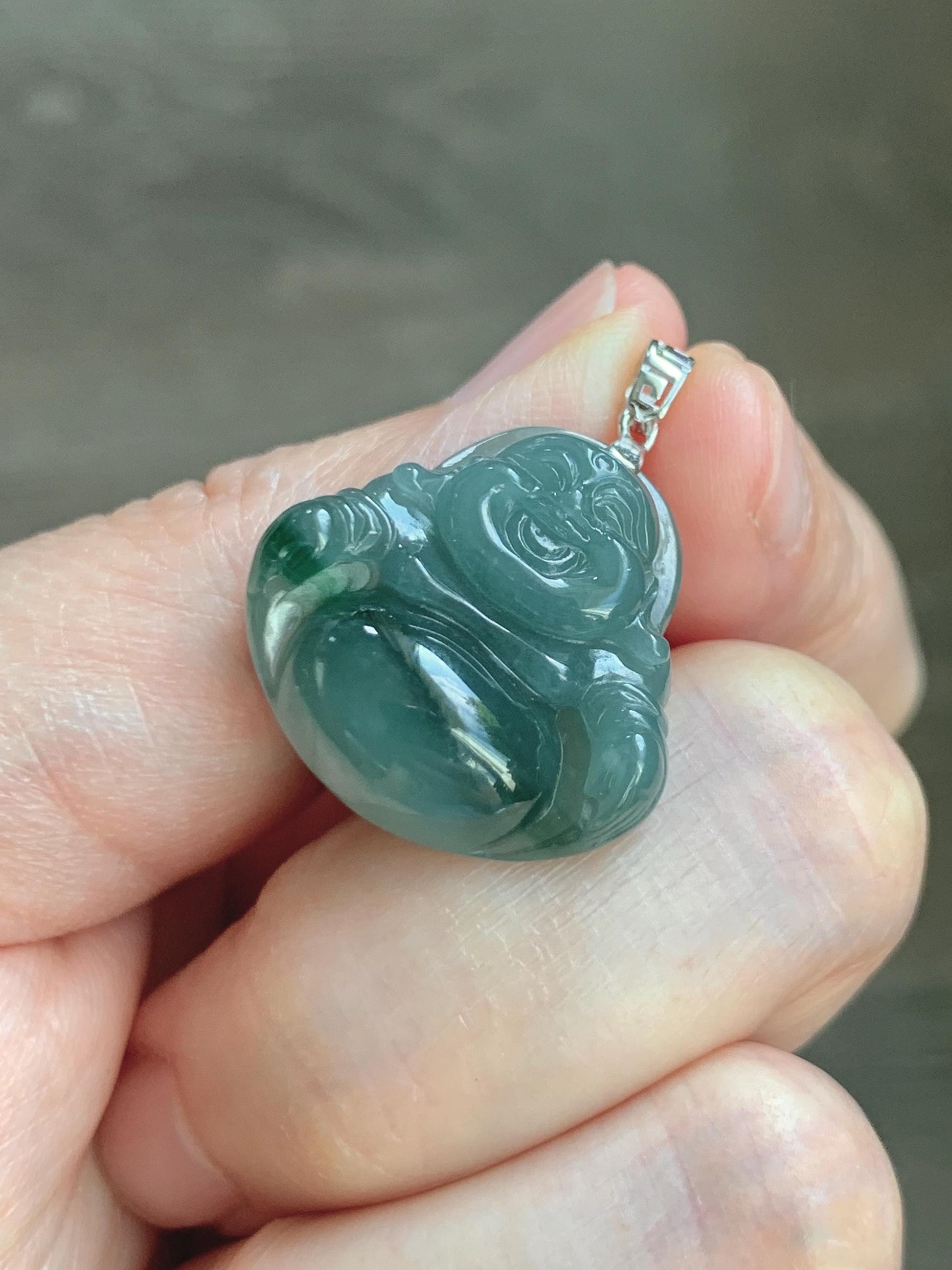 Natural Grade A Guatemalan Icy Translucent Dark Dusty Teal Green Marbled Jade Jadeite Buddha Pendant Sterling Silver 天然冰危深蓝绿翡翠佛公吊坠 WFG140B