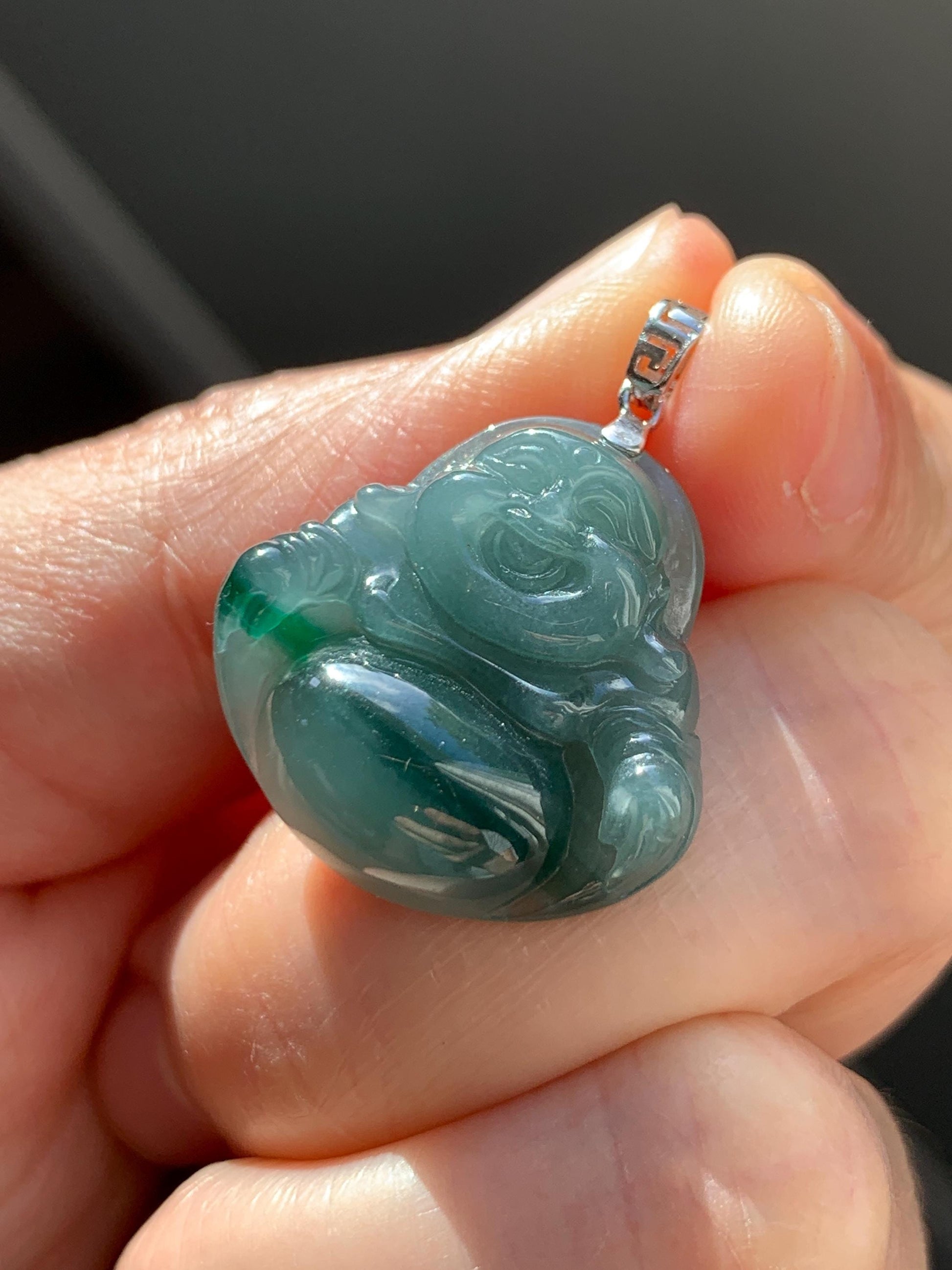 Natural Grade A Guatemalan Icy Translucent Dark Dusty Teal Green Marbled Jade Jadeite Buddha Pendant Sterling Silver 天然冰危深蓝绿翡翠佛公吊坠 WFG140B