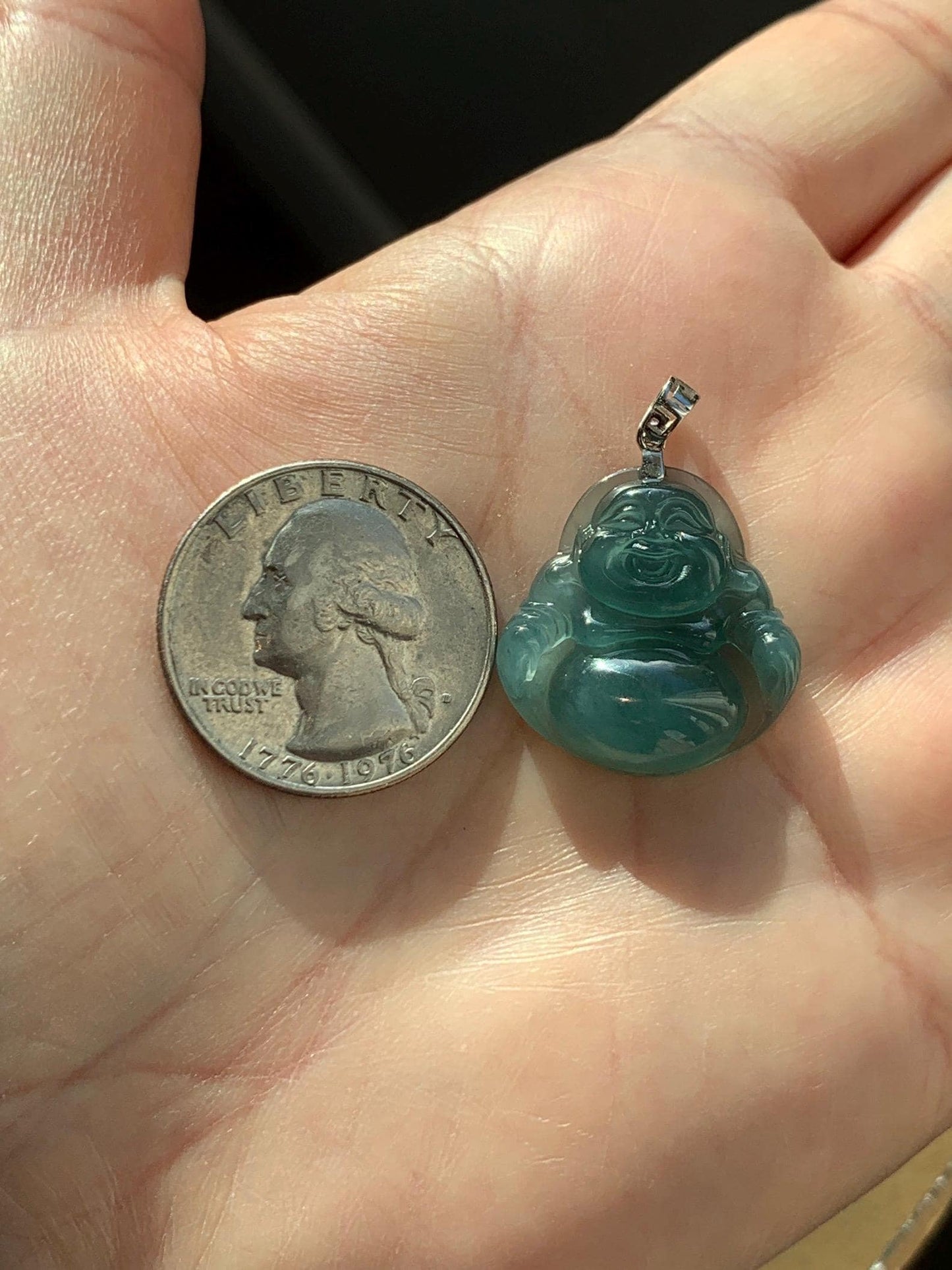 Natural Grade A Guatemalan Icy Highly Translucent Intense Teal Jade Jadeite Buddha Pendant Sterling Silver 天然冰危蓝绿翡翠佛公吊坠 WFG140A