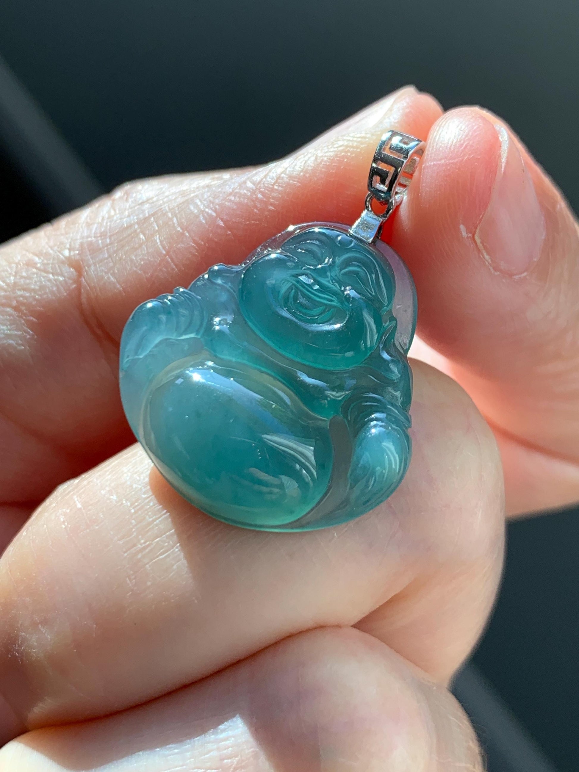 Natural Grade A Guatemalan Icy Highly Translucent Intense Teal Jade Jadeite Buddha Pendant Sterling Silver 天然冰危蓝绿翡翠佛公吊坠 WFG140A