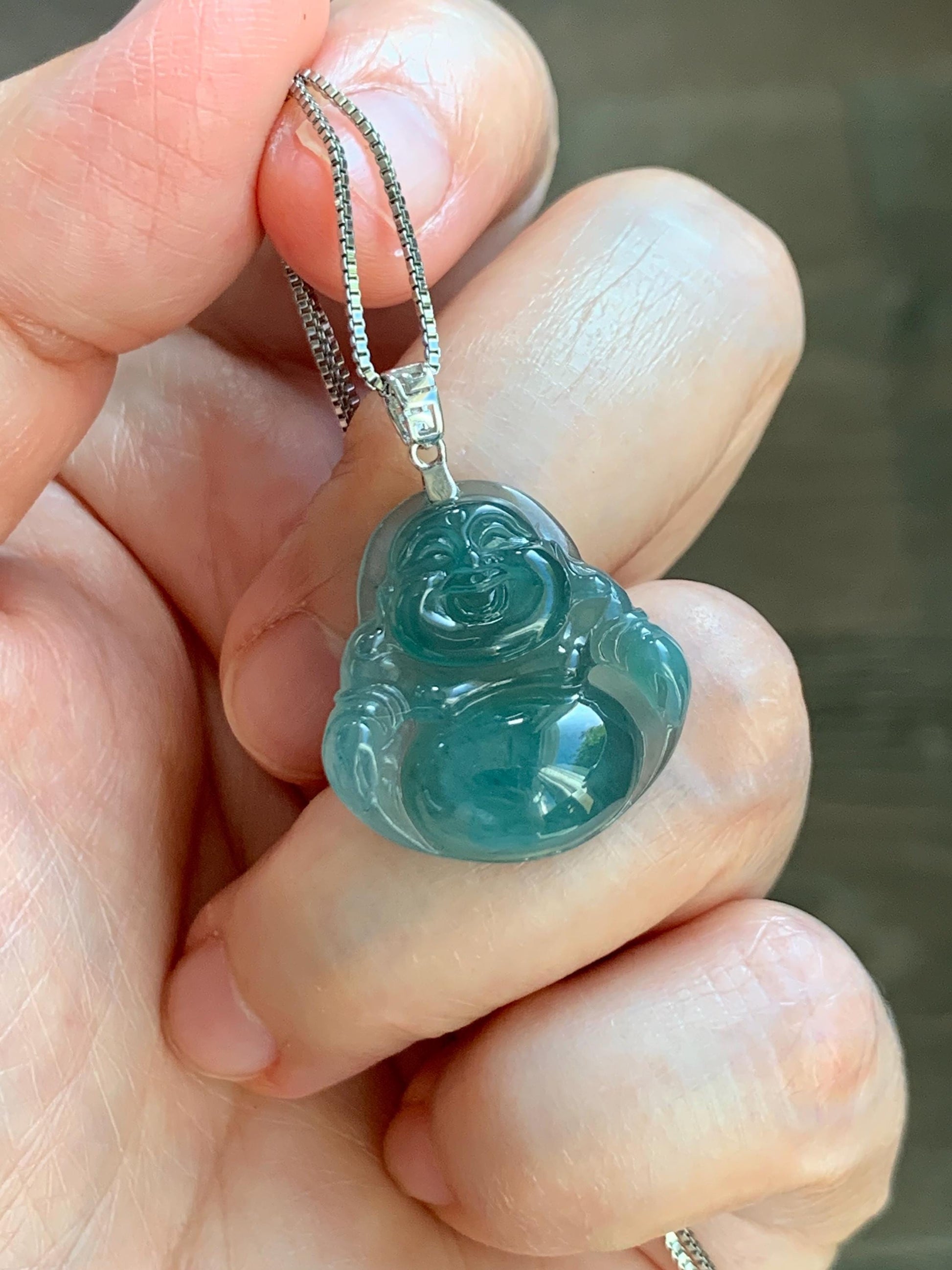 Natural Grade A Guatemalan Icy Highly Translucent Intense Teal Jade Jadeite Buddha Pendant Sterling Silver 天然冰危蓝绿翡翠佛公吊坠 WFG140A