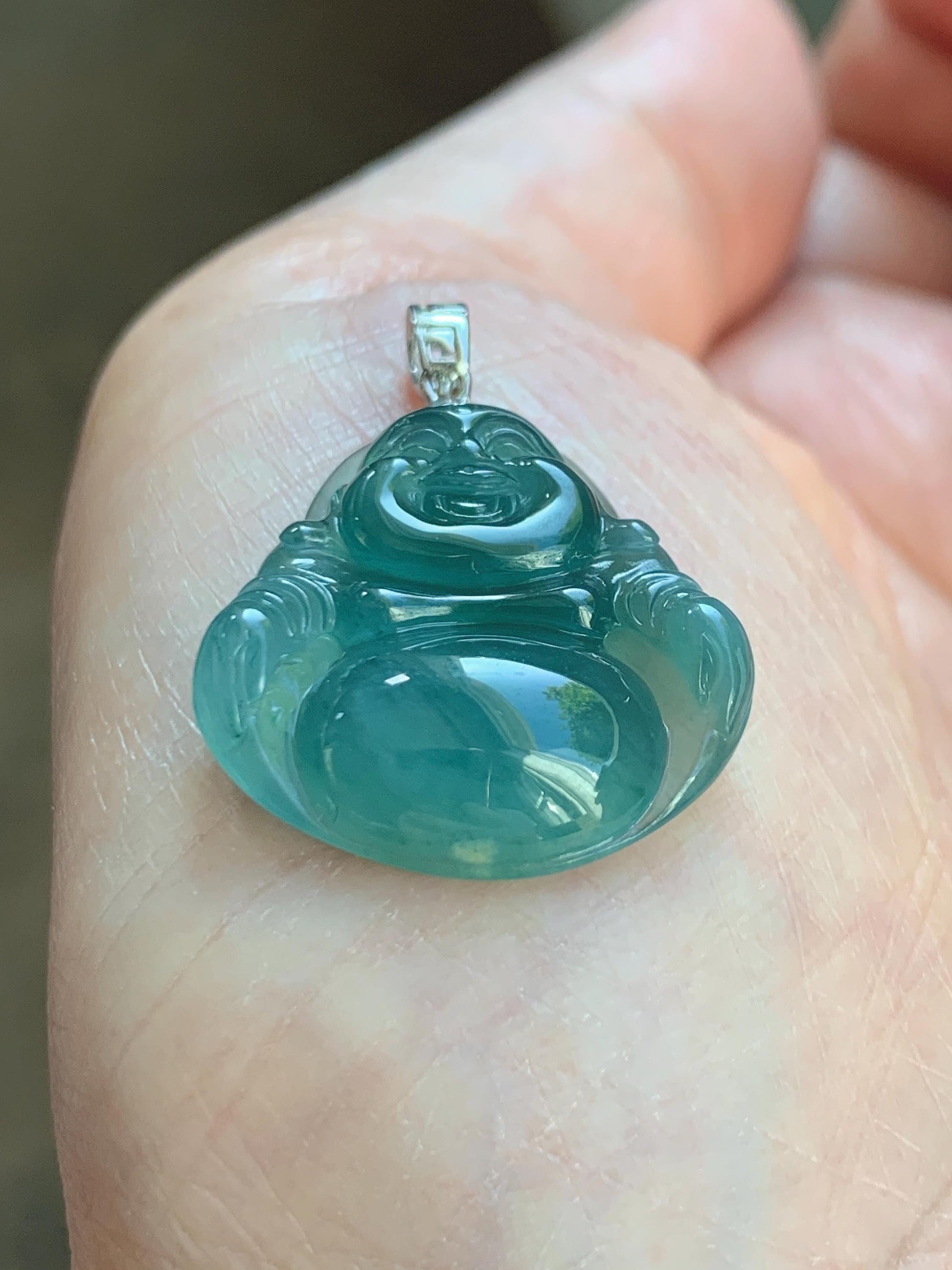 Natural Grade A Guatemalan Icy Highly Translucent Intense Teal Jade Jadeite Buddha Pendant Sterling Silver 天然冰危蓝绿翡翠佛公吊坠 WFG140A