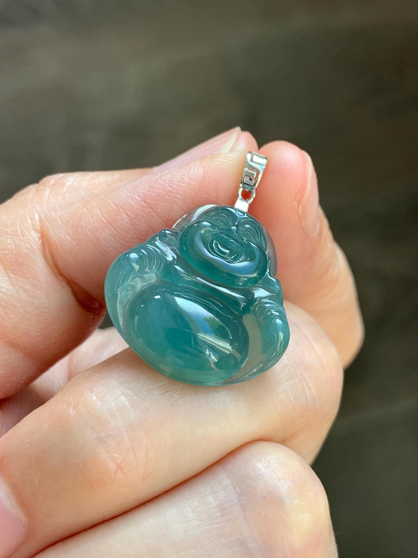 Natural Grade A Guatemalan Icy Highly Translucent Intense Teal Jade Jadeite Buddha Pendant Sterling Silver 天然冰危蓝绿翡翠佛公吊坠 WFG140A
