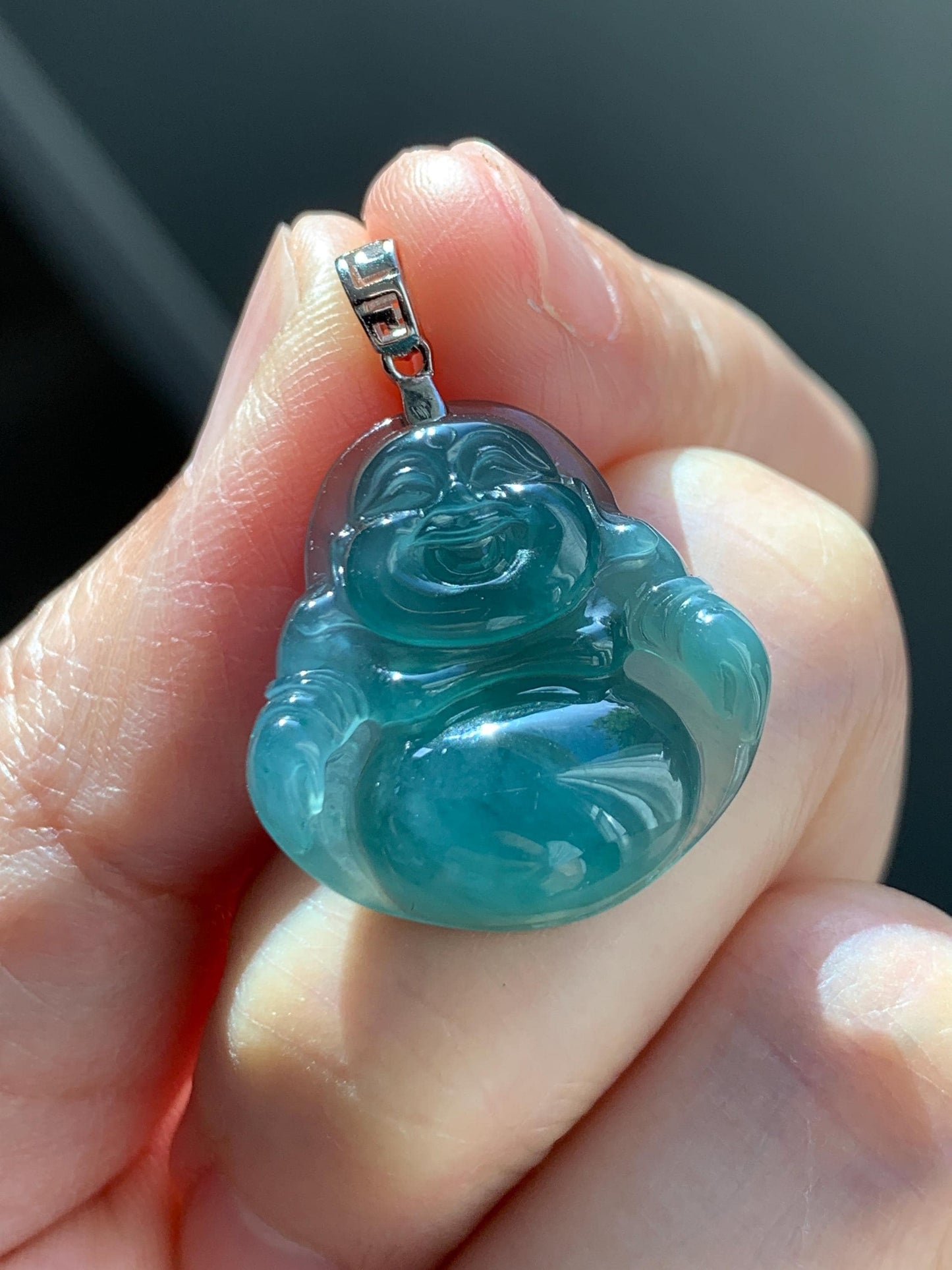 Natural Grade A Guatemalan Icy Highly Translucent Intense Teal Jade Jadeite Buddha Pendant Sterling Silver 天然冰危蓝绿翡翠佛公吊坠 WFG140A