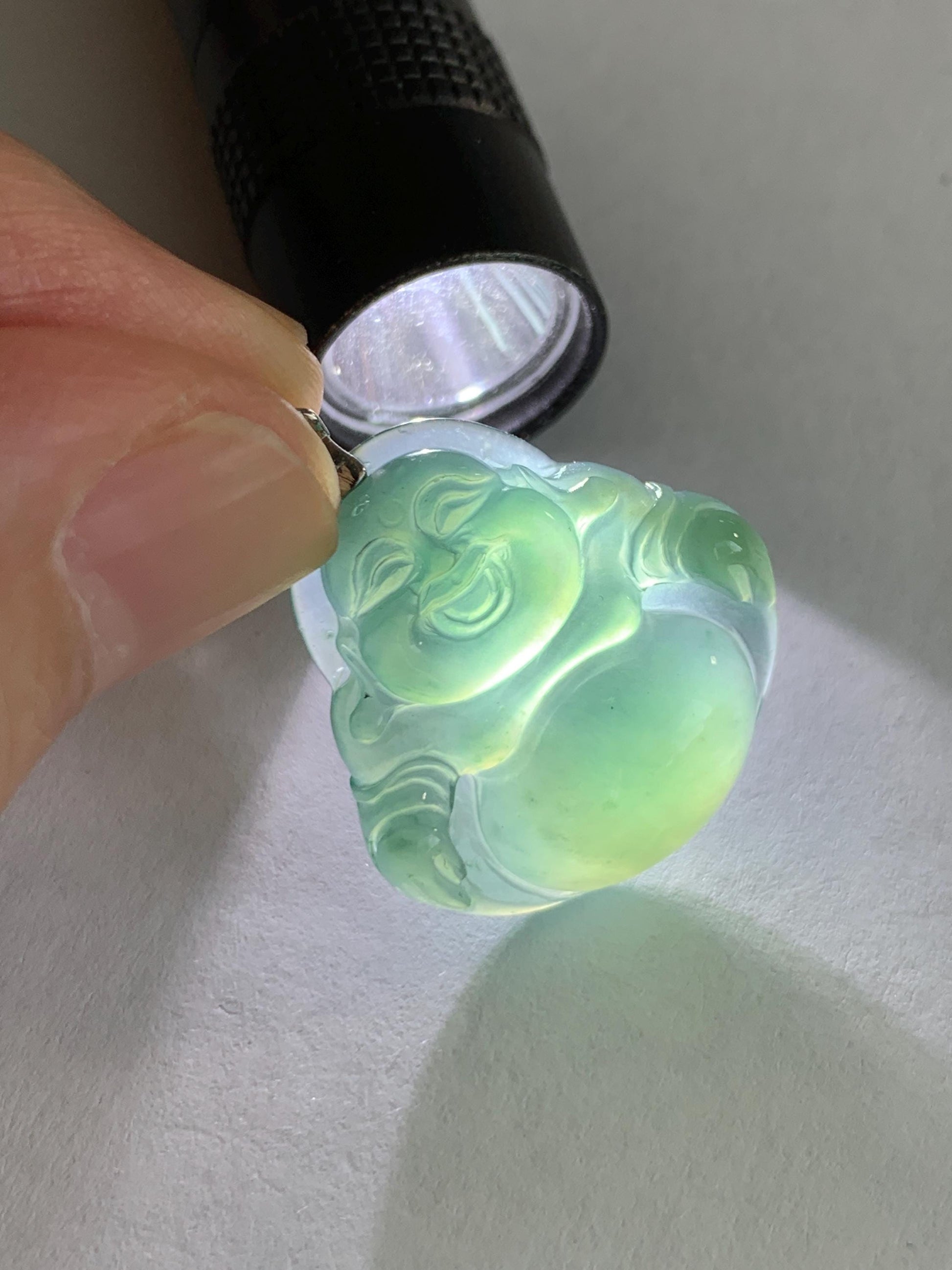 Natural Grade A Guatemalan Icy Highly Translucent Intense Teal Jade Jadeite Buddha Pendant Sterling Silver 天然冰危蓝绿翡翠佛公吊坠 WFG140A