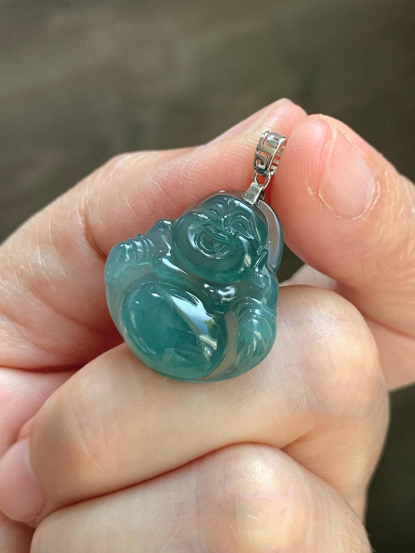 Natural Grade A Guatemalan Icy Highly Translucent Intense Teal Jade Jadeite Buddha Pendant Sterling Silver 天然冰危蓝绿翡翠佛公吊坠 WFG140A