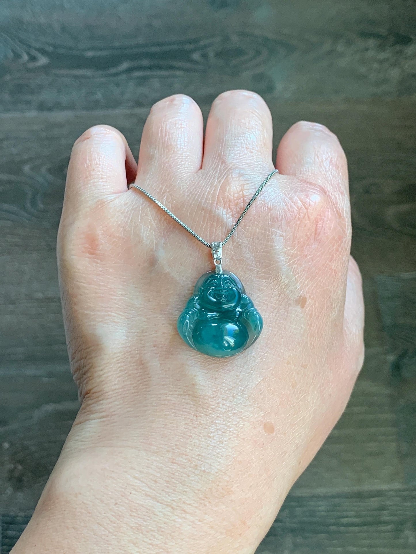 Natural Grade A Guatemalan Icy Highly Translucent Intense Teal Jade Jadeite Buddha Pendant Sterling Silver 天然冰危蓝绿翡翠佛公吊坠 WFG140A