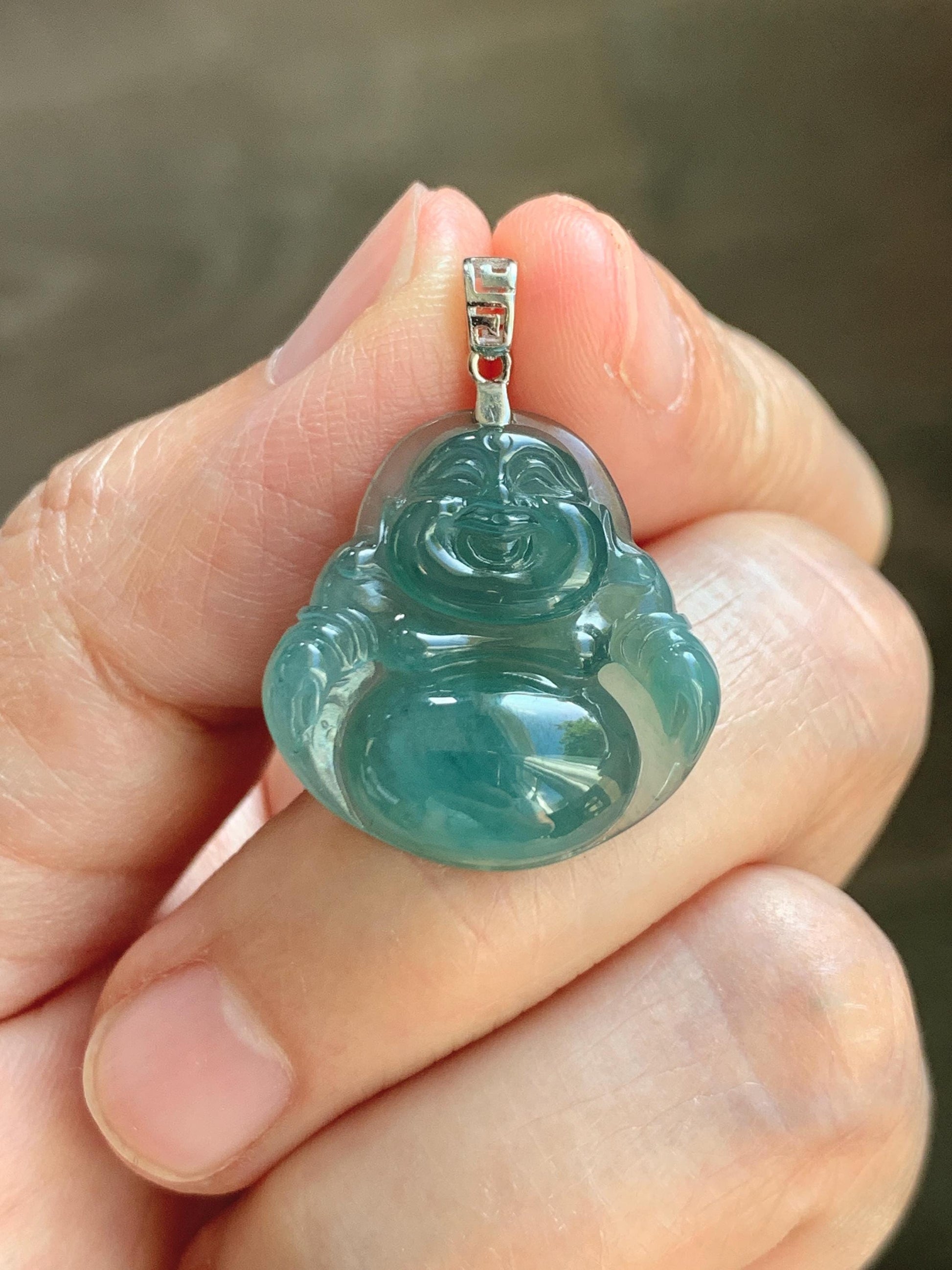 Natural Grade A Guatemalan Icy Highly Translucent Intense Teal Jade Jadeite Buddha Pendant Sterling Silver 天然冰危蓝绿翡翠佛公吊坠 WFG140A