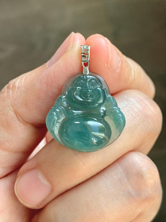 Natural Grade A Guatemalan Icy Highly Translucent Intense Teal Jade Jadeite Buddha Pendant Sterling Silver 天然冰危蓝绿翡翠佛公吊坠 WFG140A